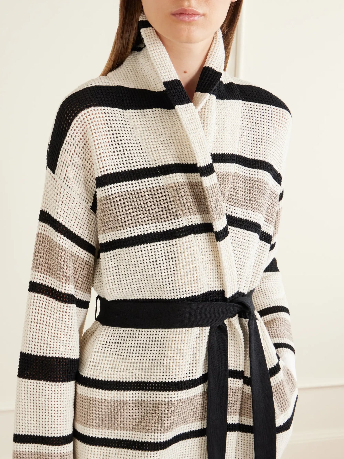 Belted Open-knit Striped Cotton Cardigan
