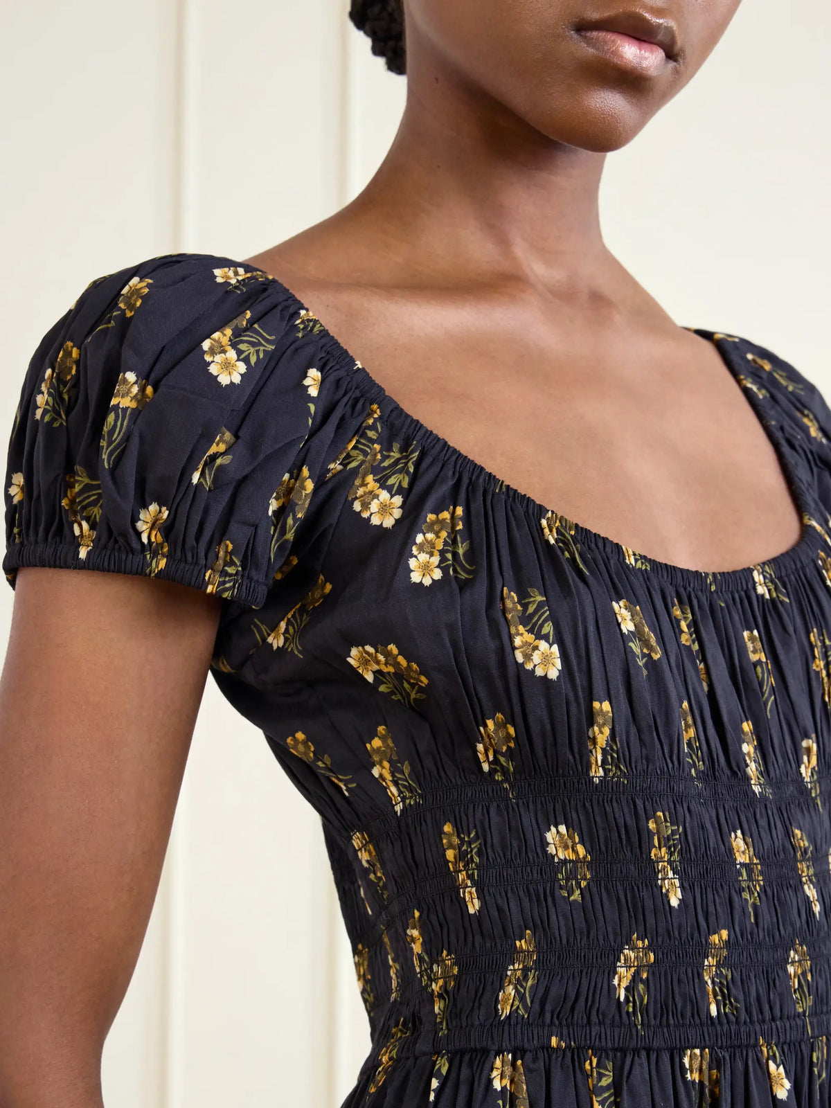 DÔEN Quinley Shirred Floral-print Cotton-blend Poplin Midi Dress