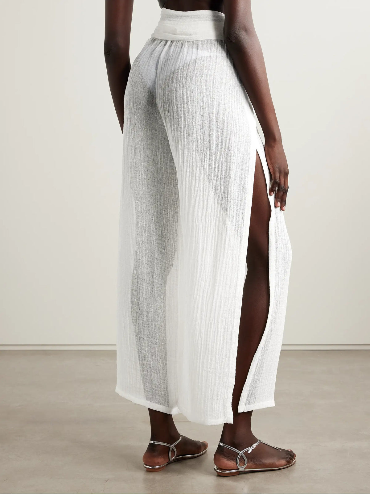 Embellished Belted Crinkled Linen-blend Gauze Wide-leg Pants