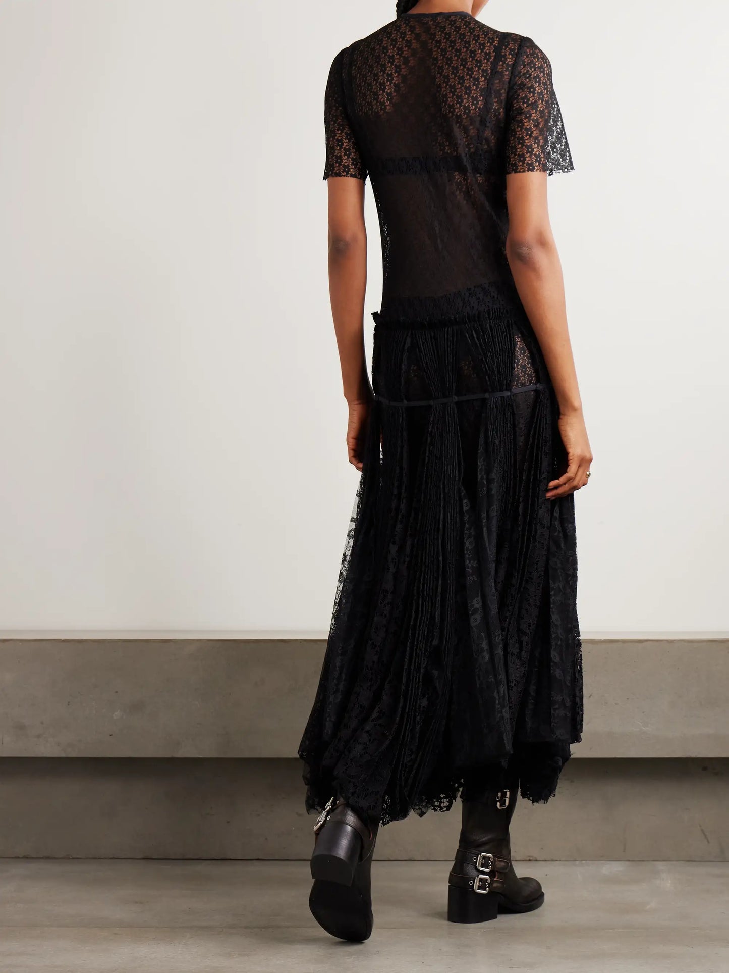 Layered Cutout Pleated Lace Maxi Dress