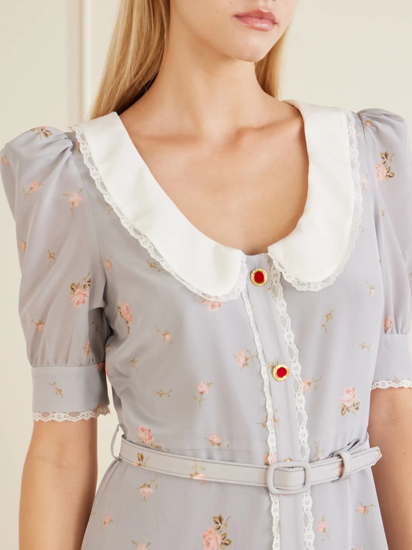 Belted Floral-print Lace-trimmed Silk-crepe De Chine Midi Dress