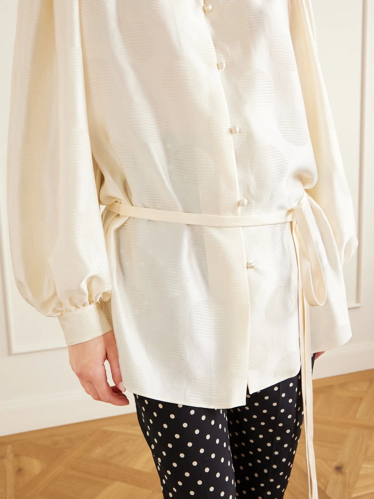 Belted Polka-dot Silk-jacquard Blouse