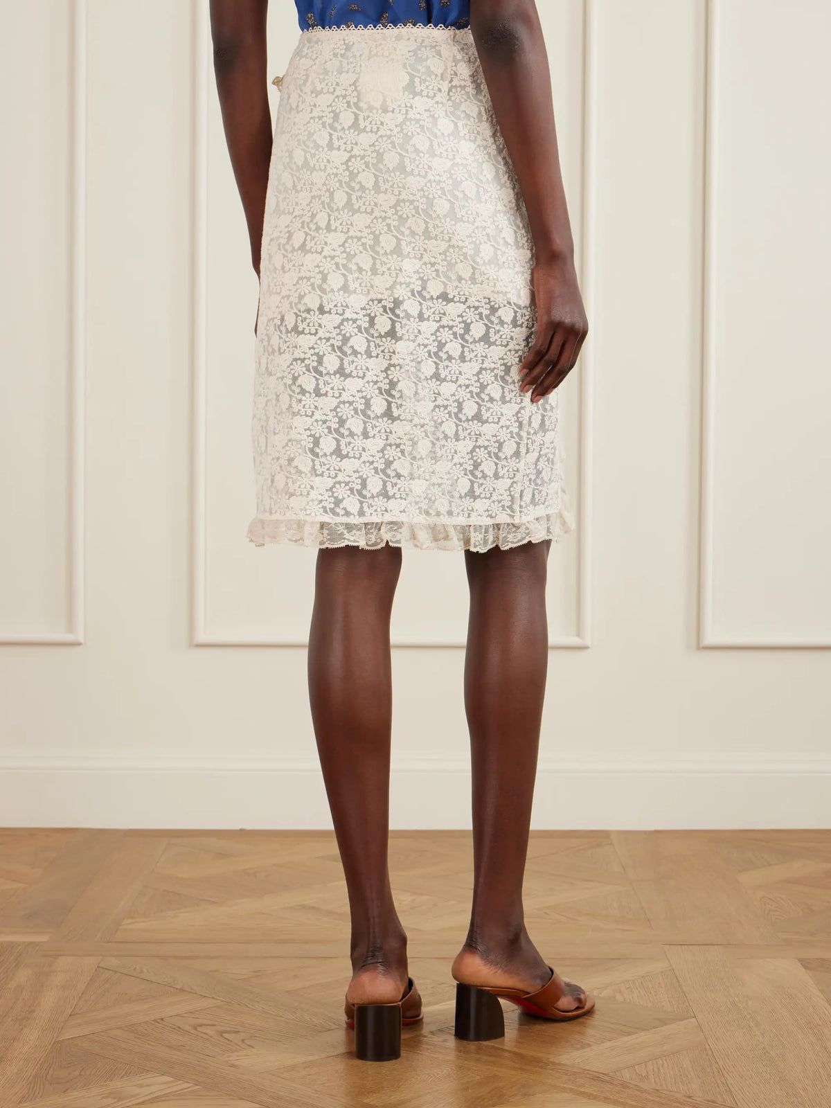 Aurella Ruffled Embroidered Mesh Midi Skirt