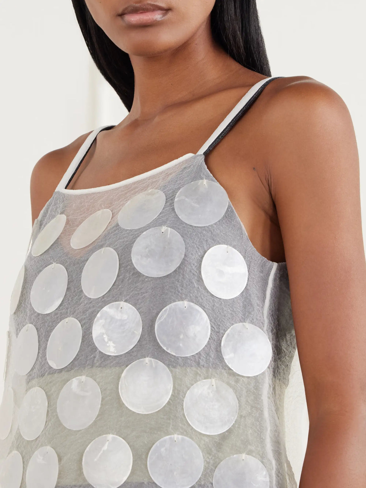 Marni Overlayed Mother Of Pearl-embellished Organza And Wool Cami