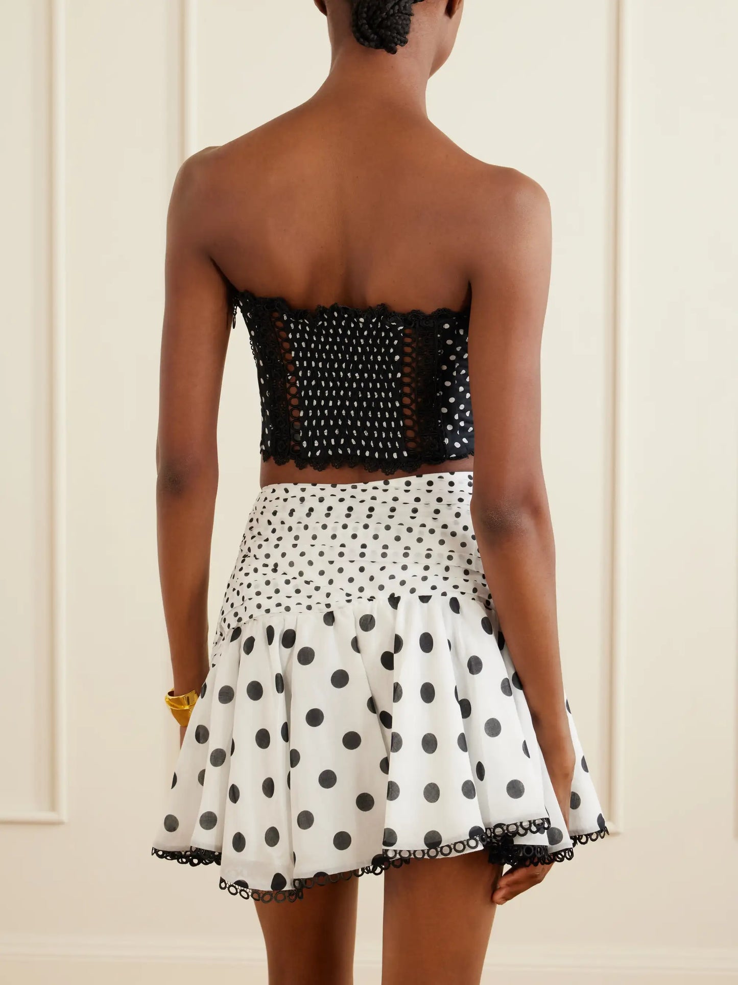 Noira Ruched Guipure Lace-trimmed Polka-dot Cotton-blend Voile Mini Skirt