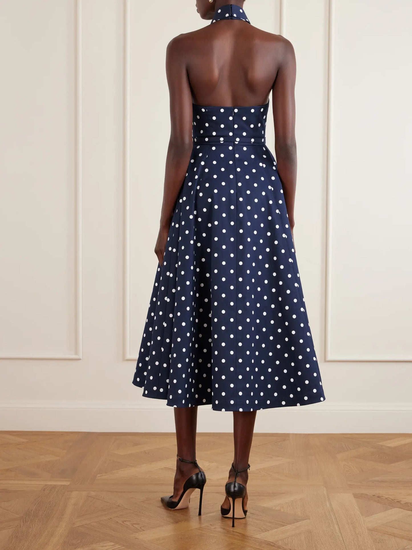 Belted Halter-neck Polka-dot Cotton-blend Twill Midi Dress