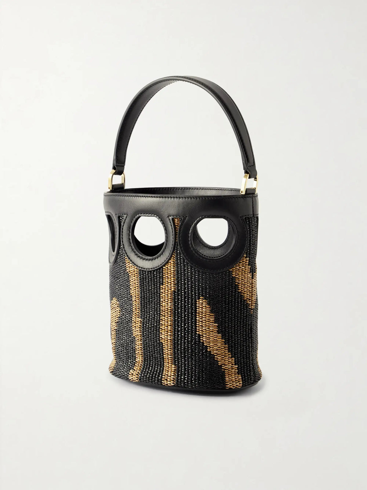 Cutout Leather-paneled Raffia Tote