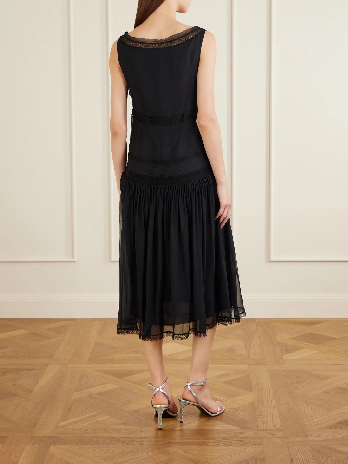 Pleated Lace-trimmed Silk-georgette Midi Dress