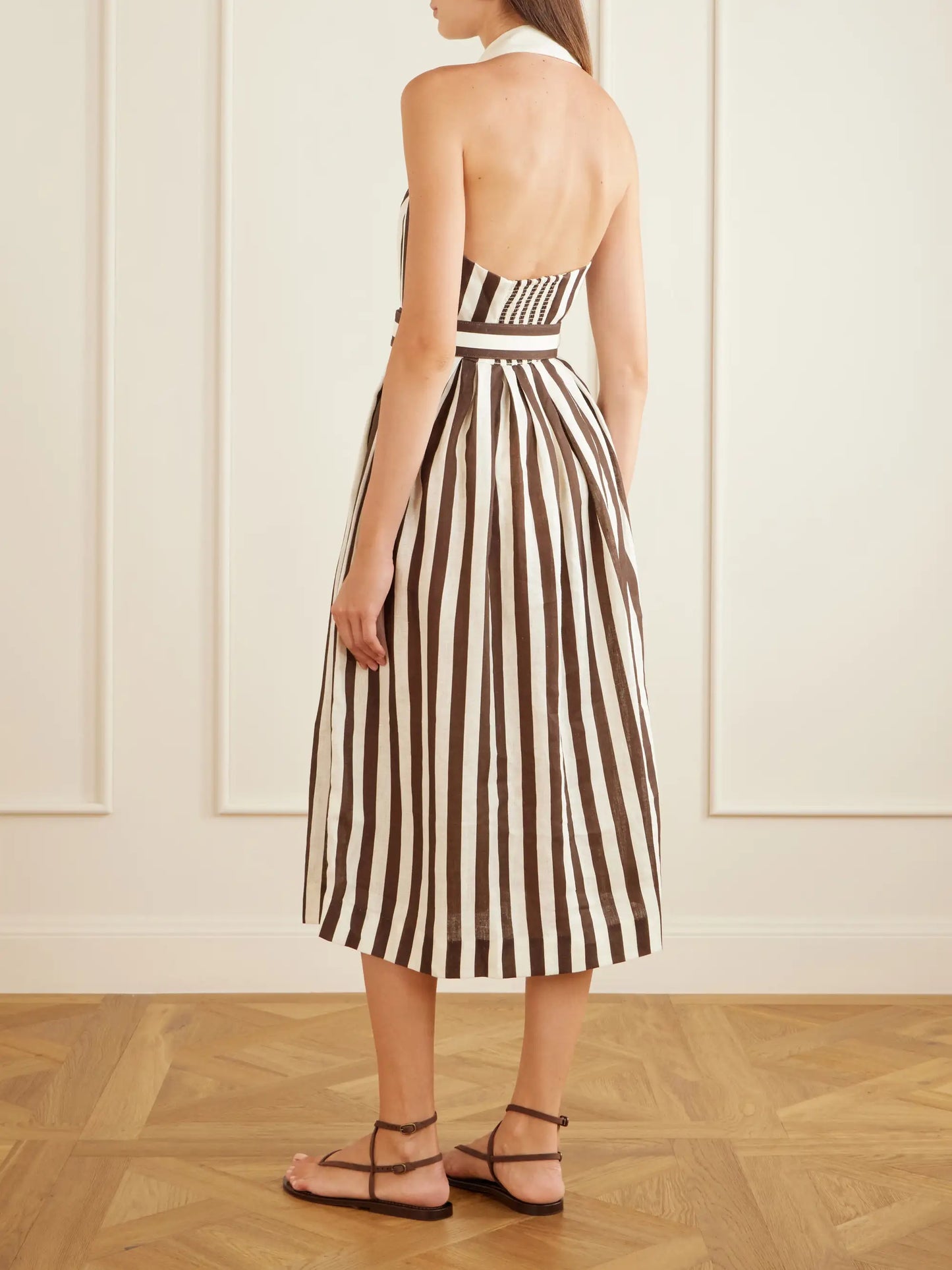 Quentin Belted Pleated Striped Cotton-poplin Halterneck Midi Dress