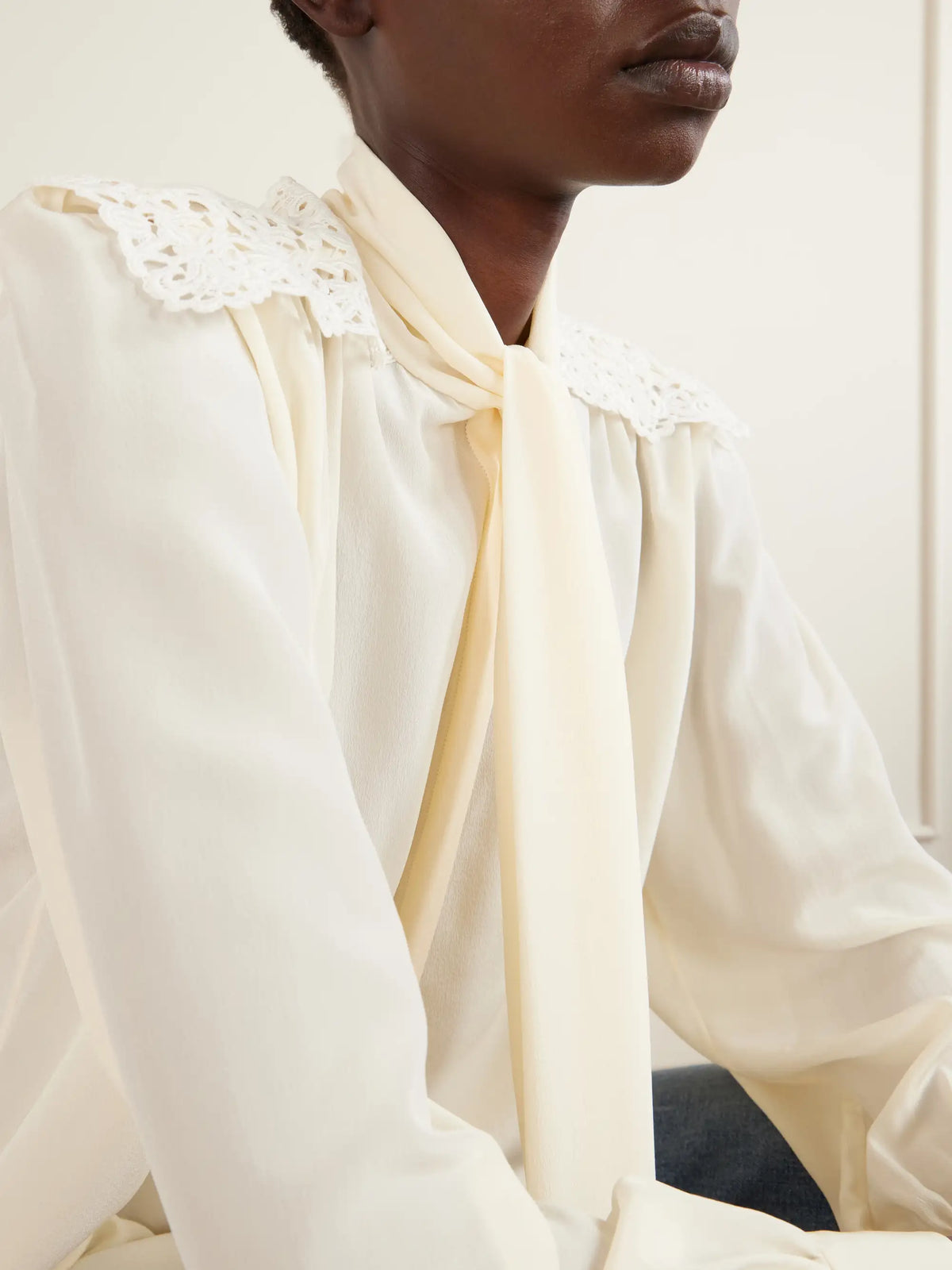 Pussy-bow Crochet-trimmed Silk Crepe De Chine Shirt