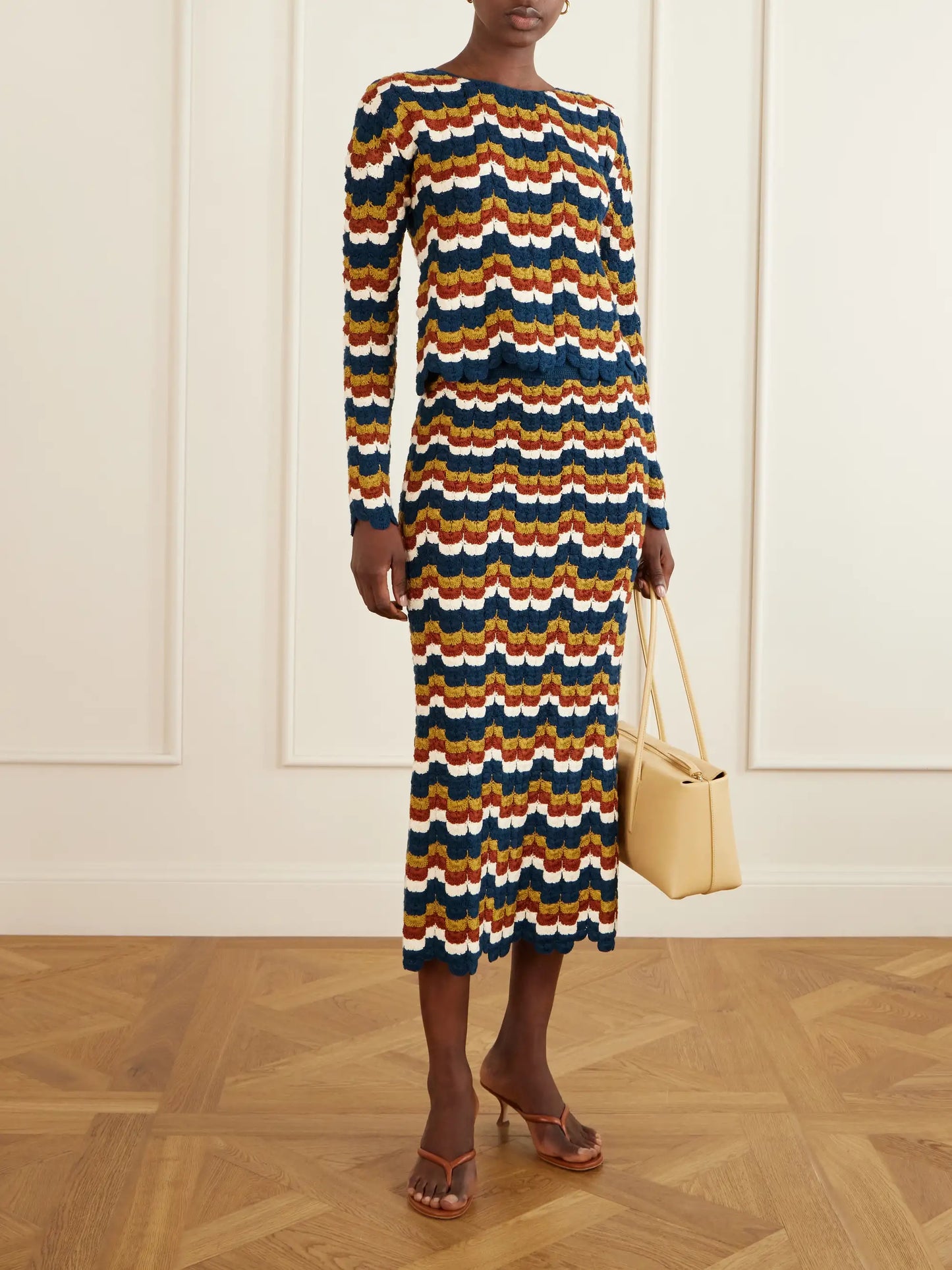 Lucero Striped Crocheted Cotton Midi Skirt