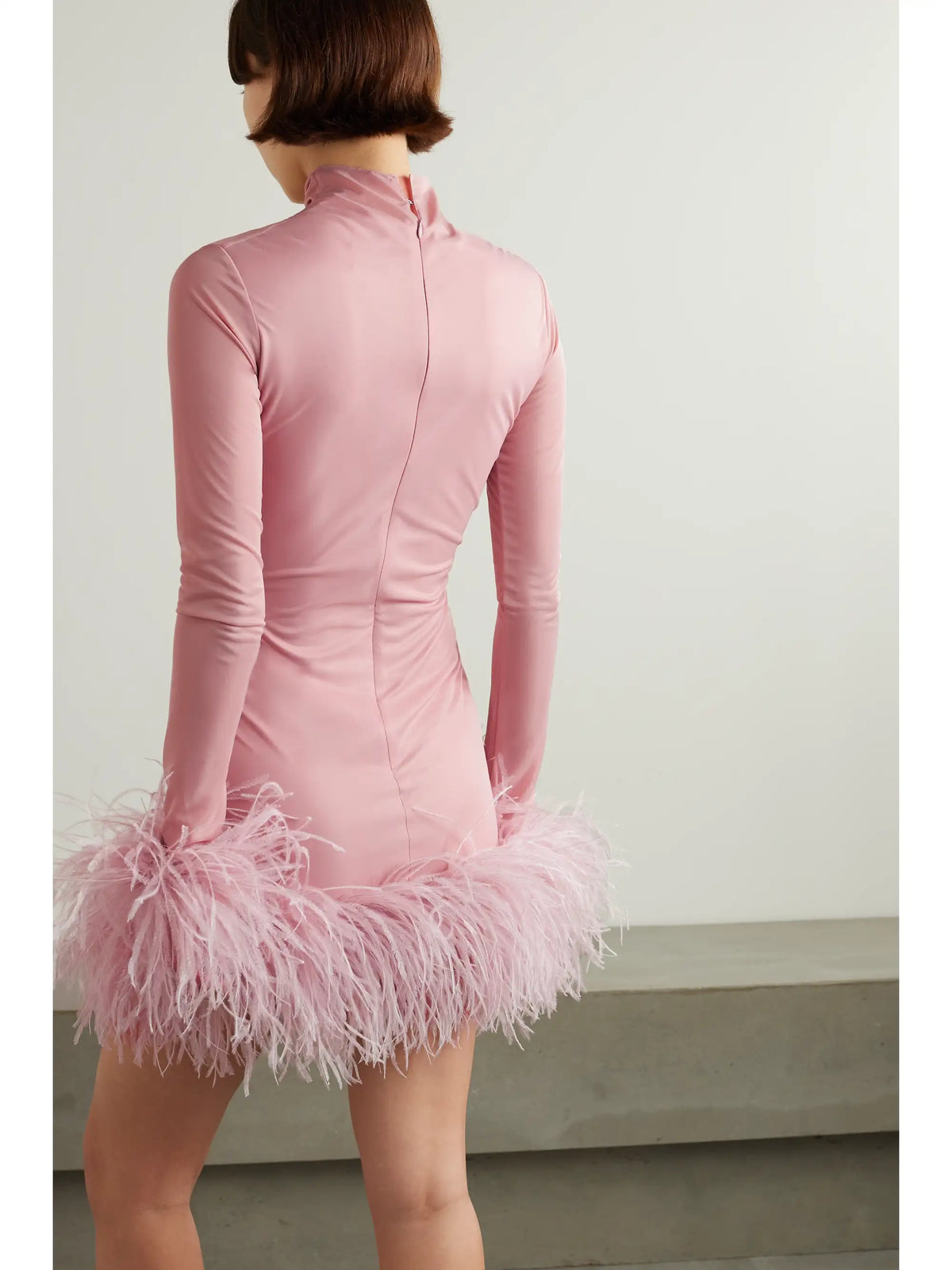 Luna Feather-trimmed Stretch-jersey Turtleneck Mini Dress