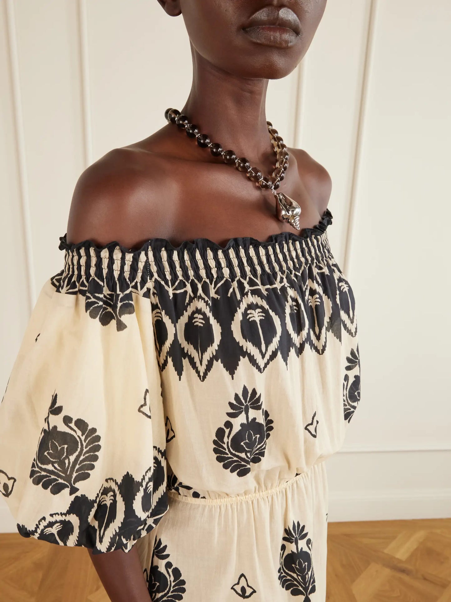 Harbor Hues Off-the-shoulder Ruched Printed Cotton-poplin Midi Dress