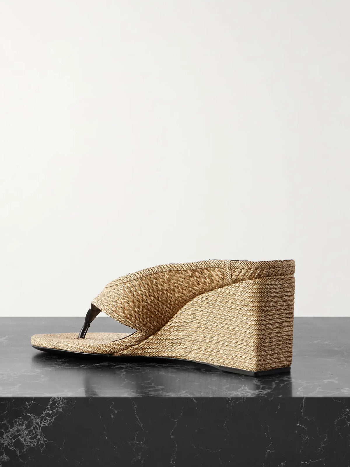 Leather-trimmed Woven Raffia Wedge Sandals
