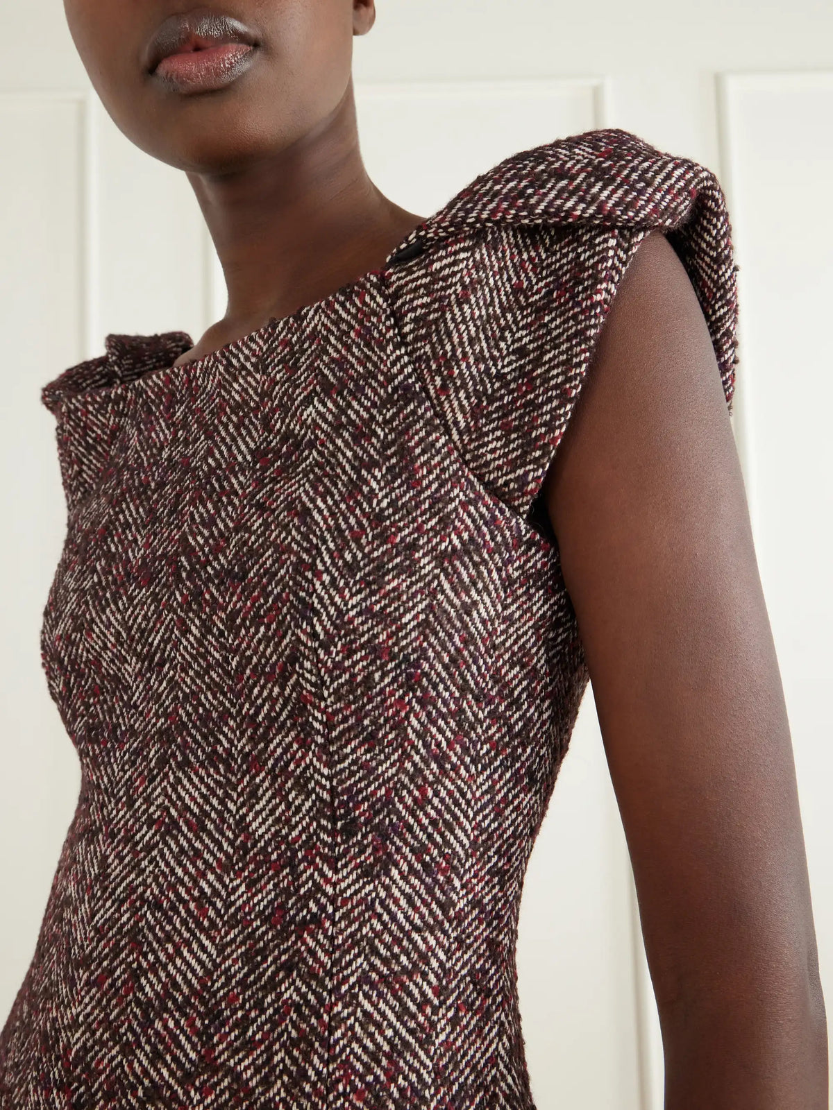 SHUSHU/TONG Bow-detailed Wool-blend Herringbone Midi Dress