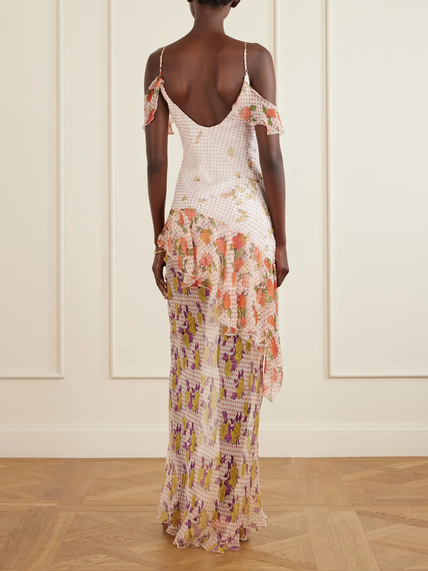 Pajaritos Y Rosas Printed Ruffled Silk-chiffon Maxi Dress