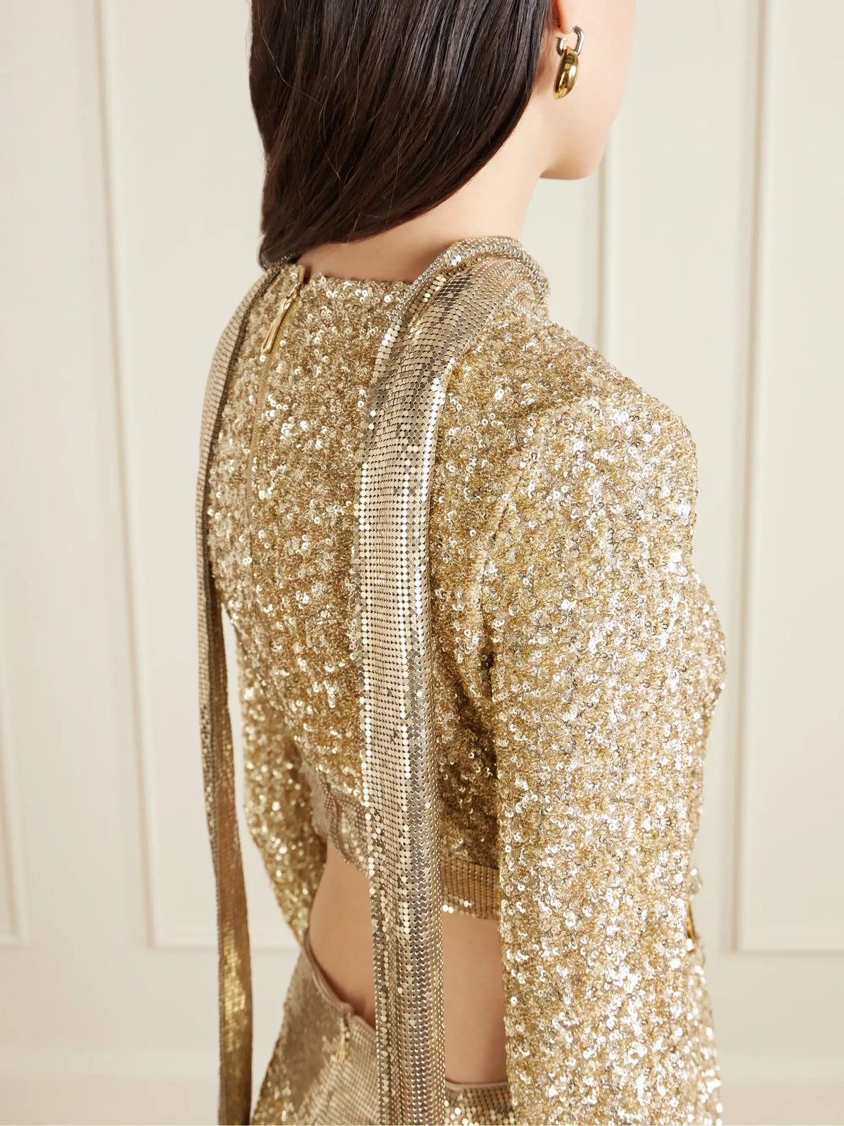 Chainmail-trimmed Cutout Sequined Tulle Gown