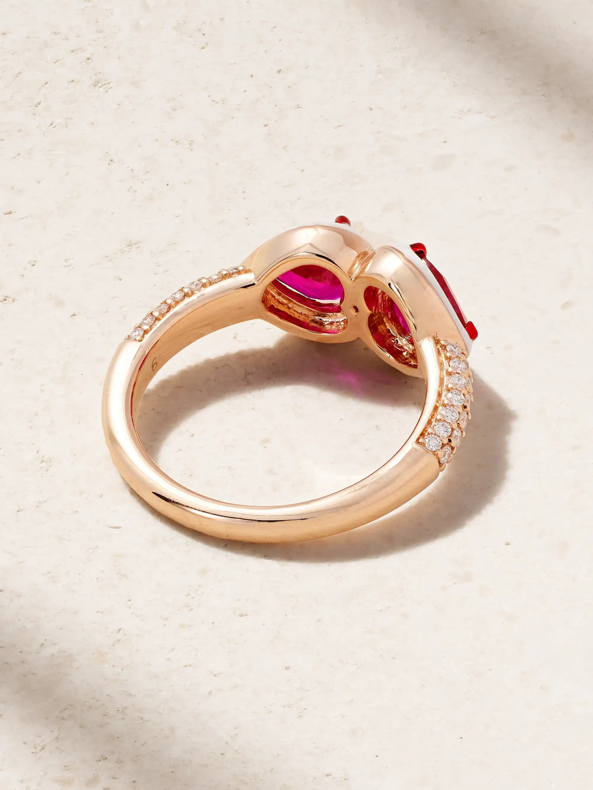 Twin Heart 18-karat Rose Gold, Ruby, Diamond And Enamel Ring