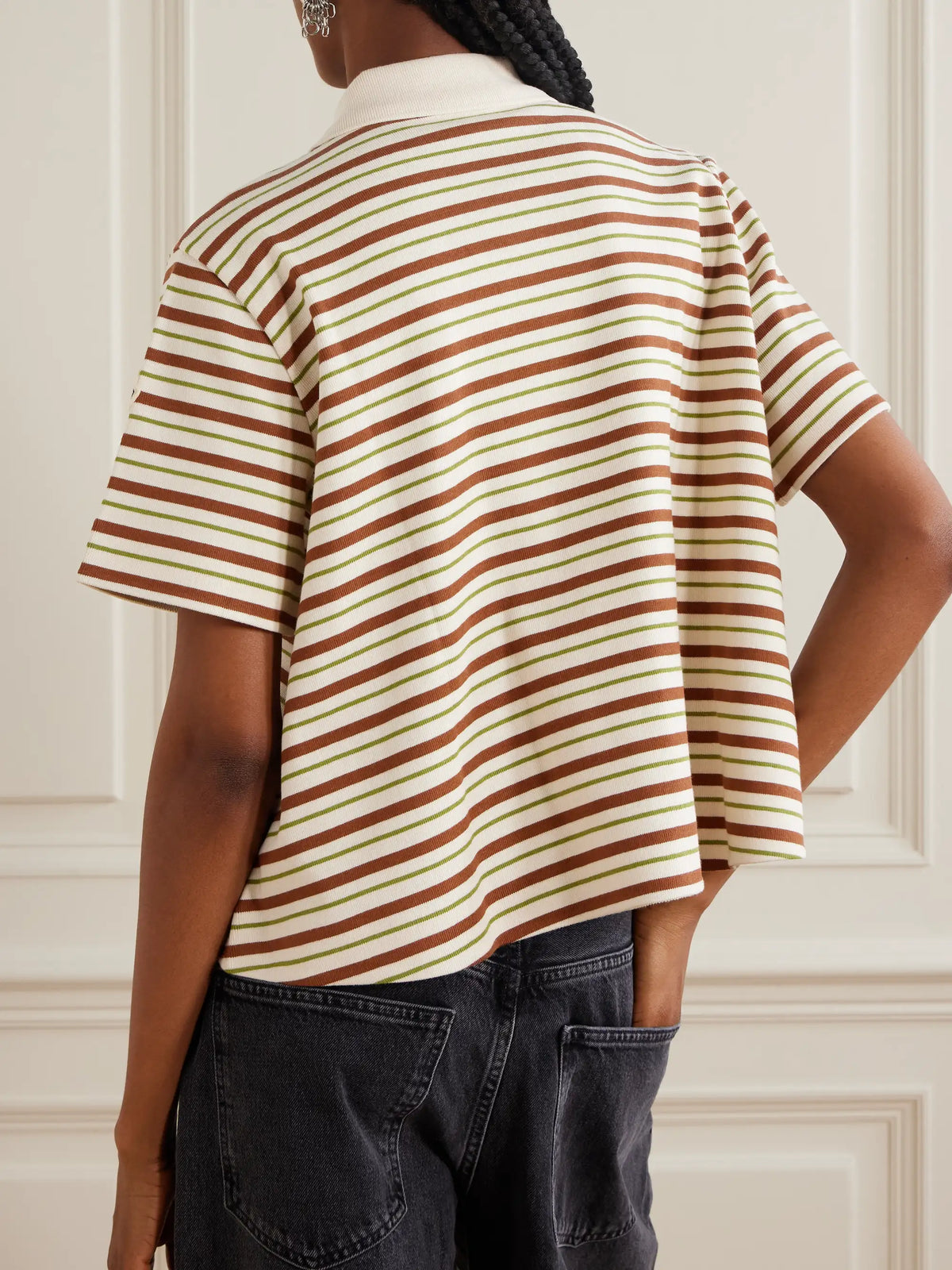 Lace-up Cropped Striped Cotton Polo Shirt
