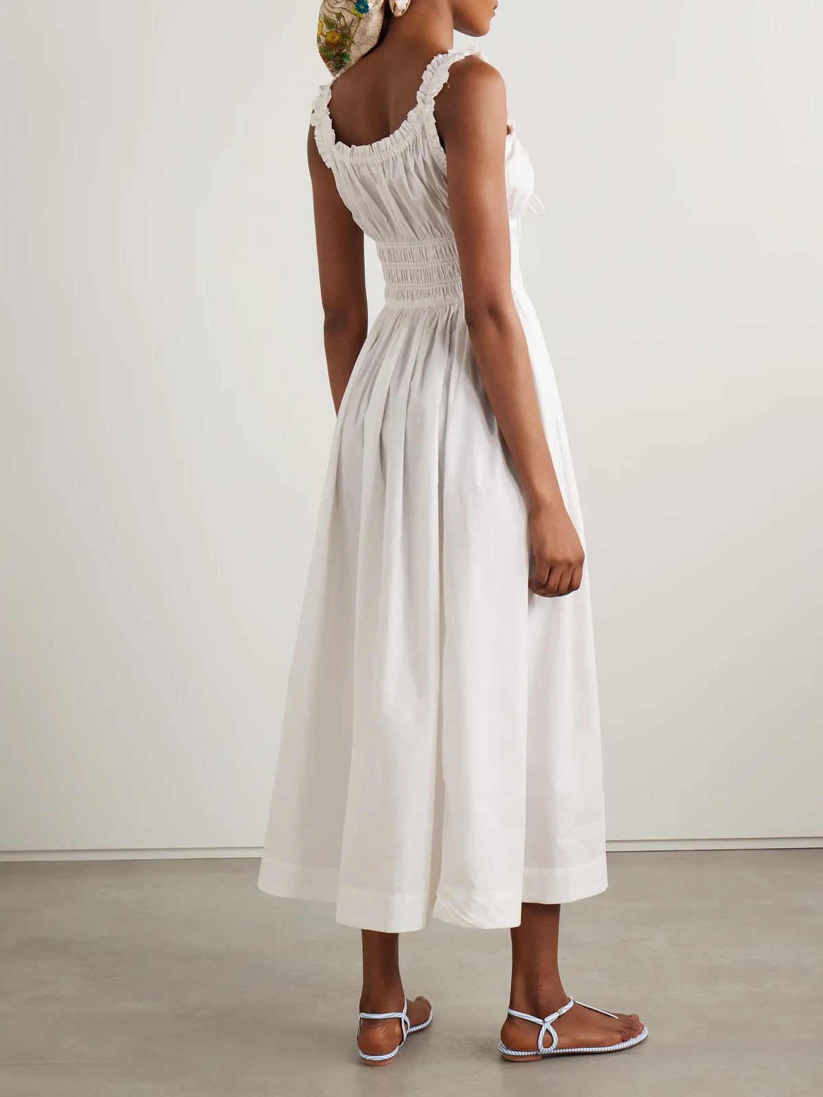 Emmaretta Tie-detailed Shirred Cotton-voile Midi Dress