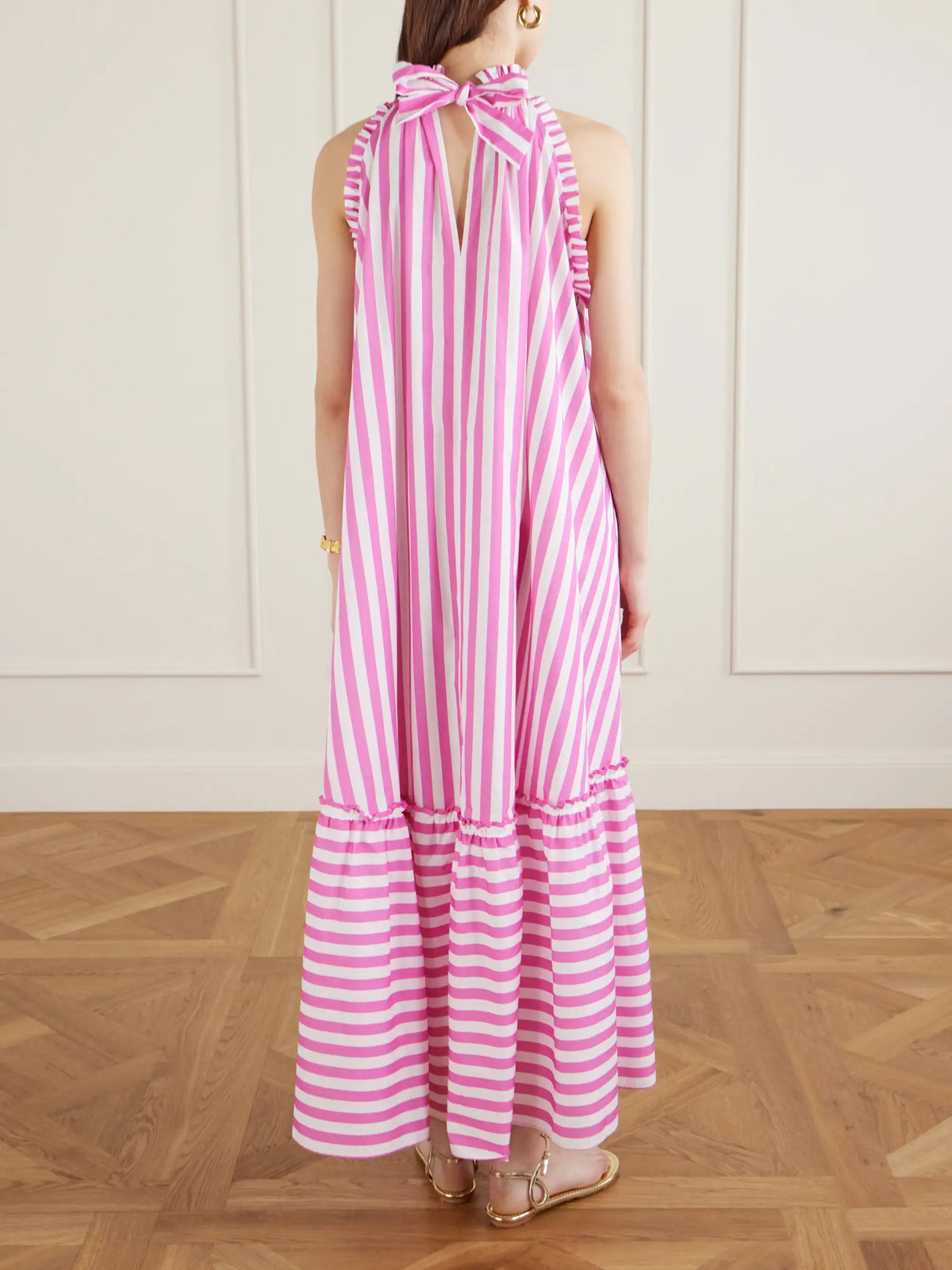 Loretta Caponi Melinda Ruched Striped Cotton-poplin Halterneck Maxi Dress