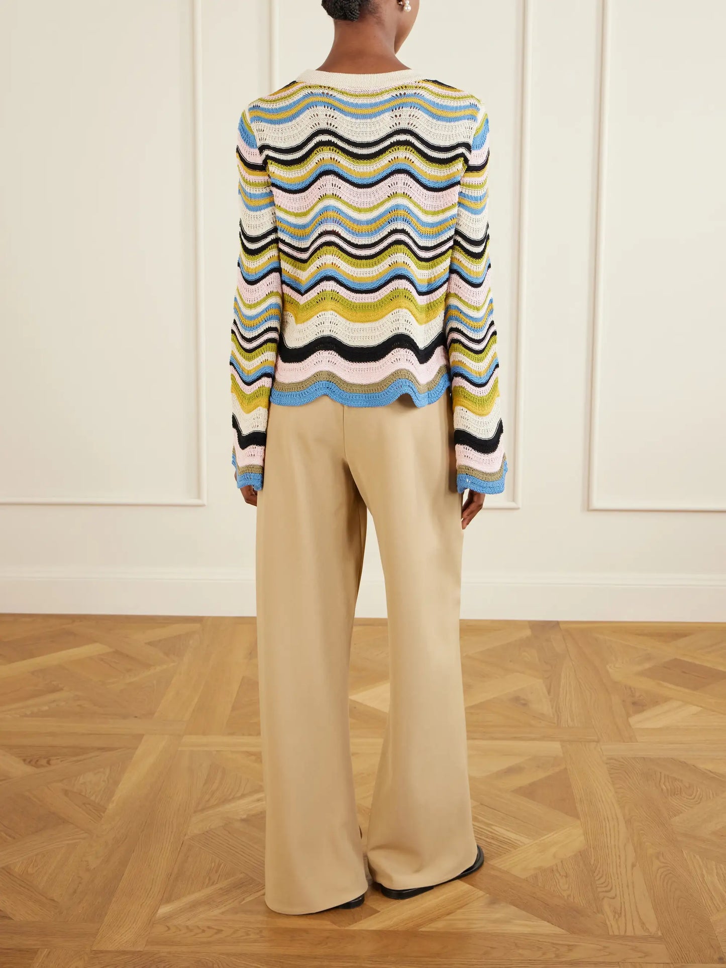 Scalloped Striped Crocheted Cotton T-shirt