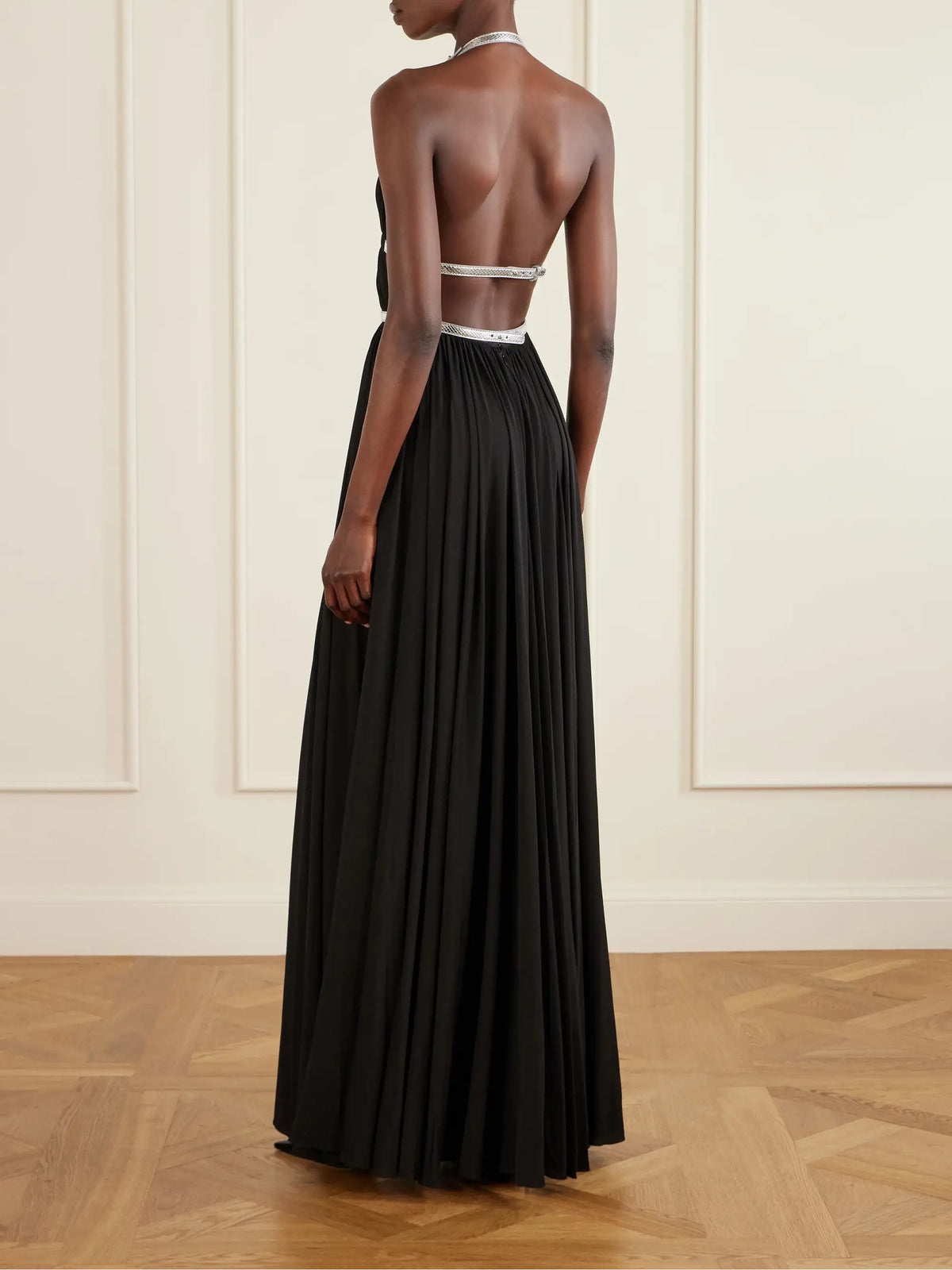 Pleated Metallic Elaphe-trimmed Jersey Gown