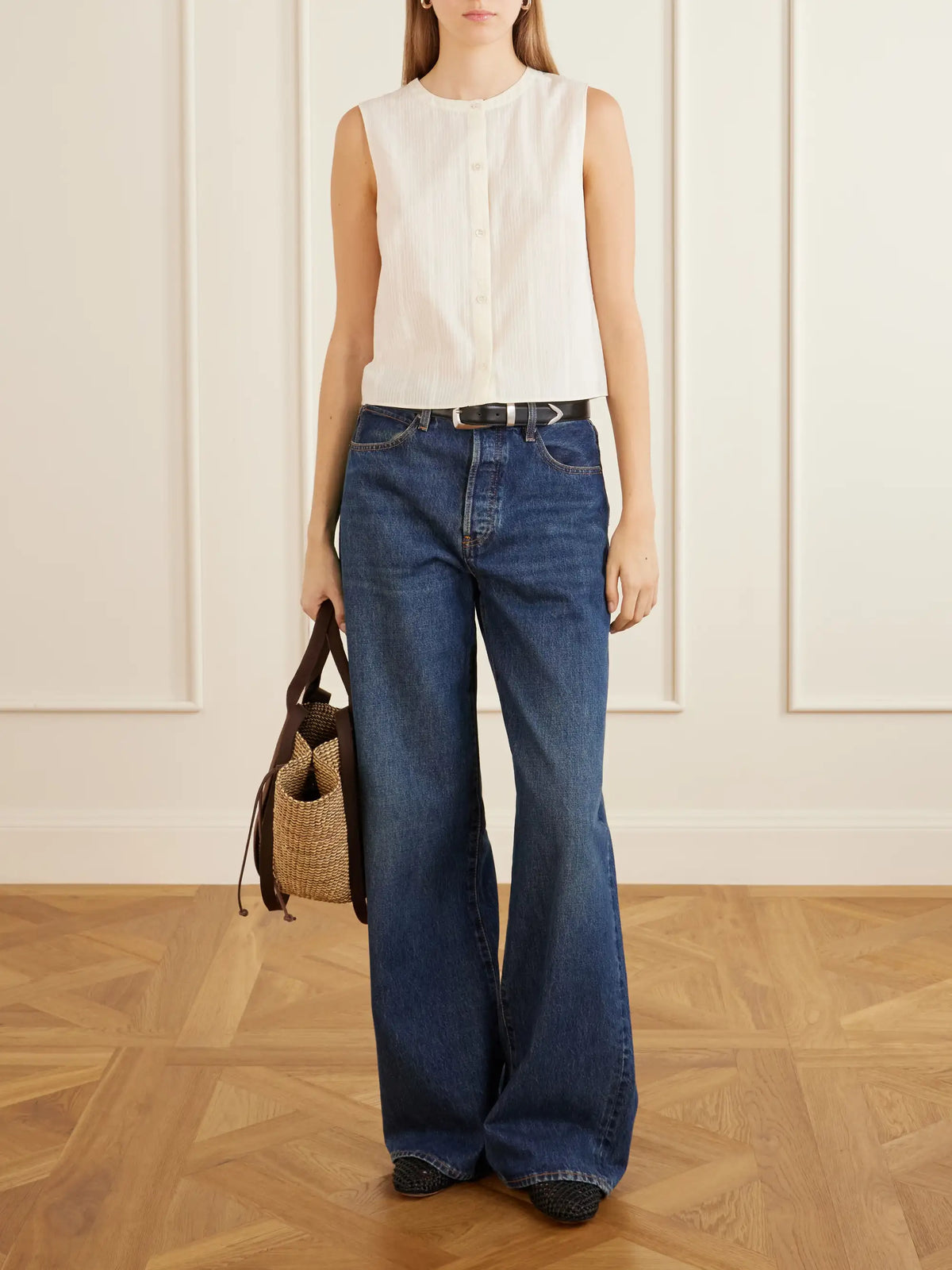 MUUÑ Cotton And Leather-trimmed Raffia Tote