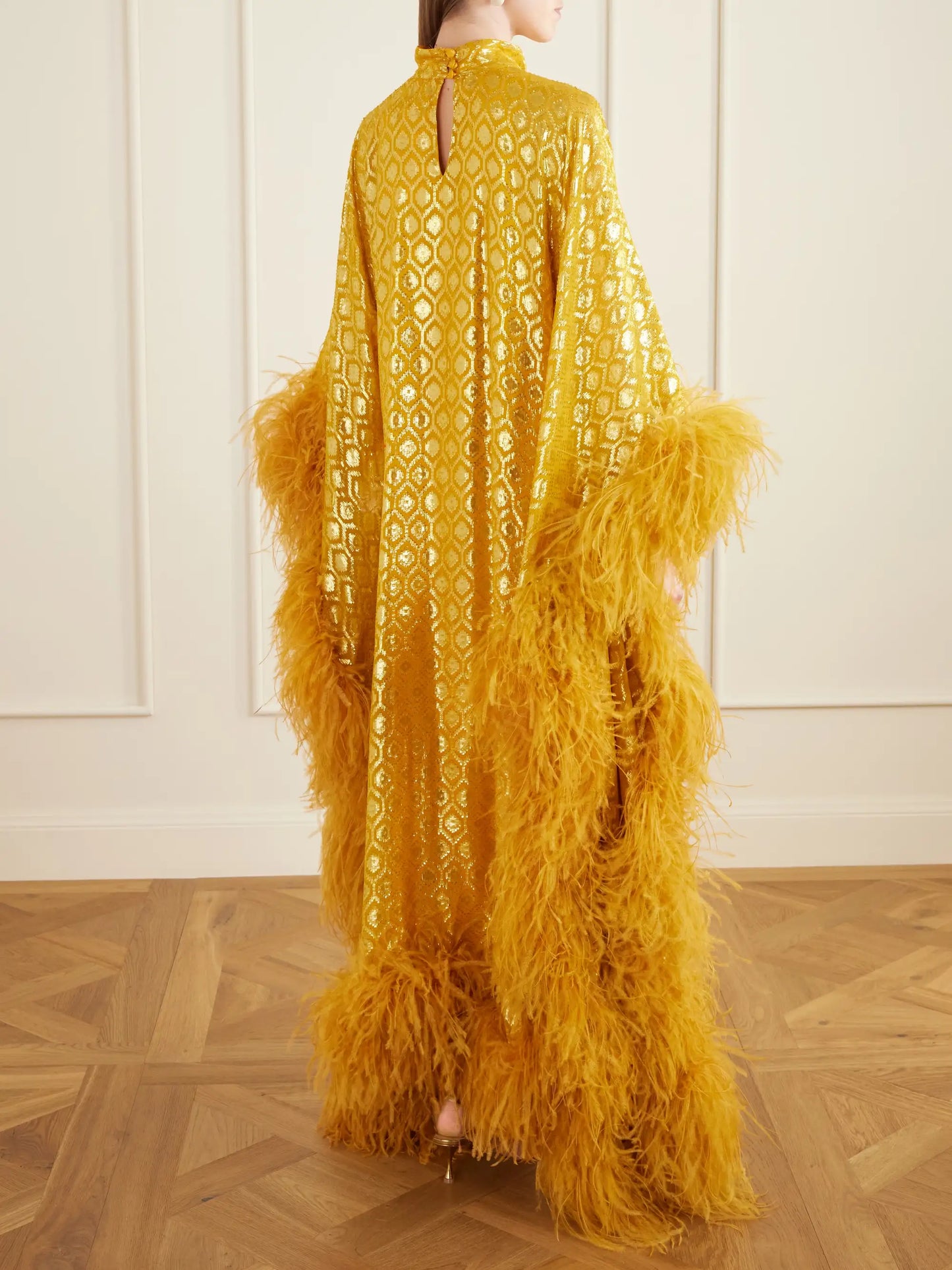 Casta Diva Feather-trimmed Jacquard-knit Metallic Fil Coupé Silk-blend Gown