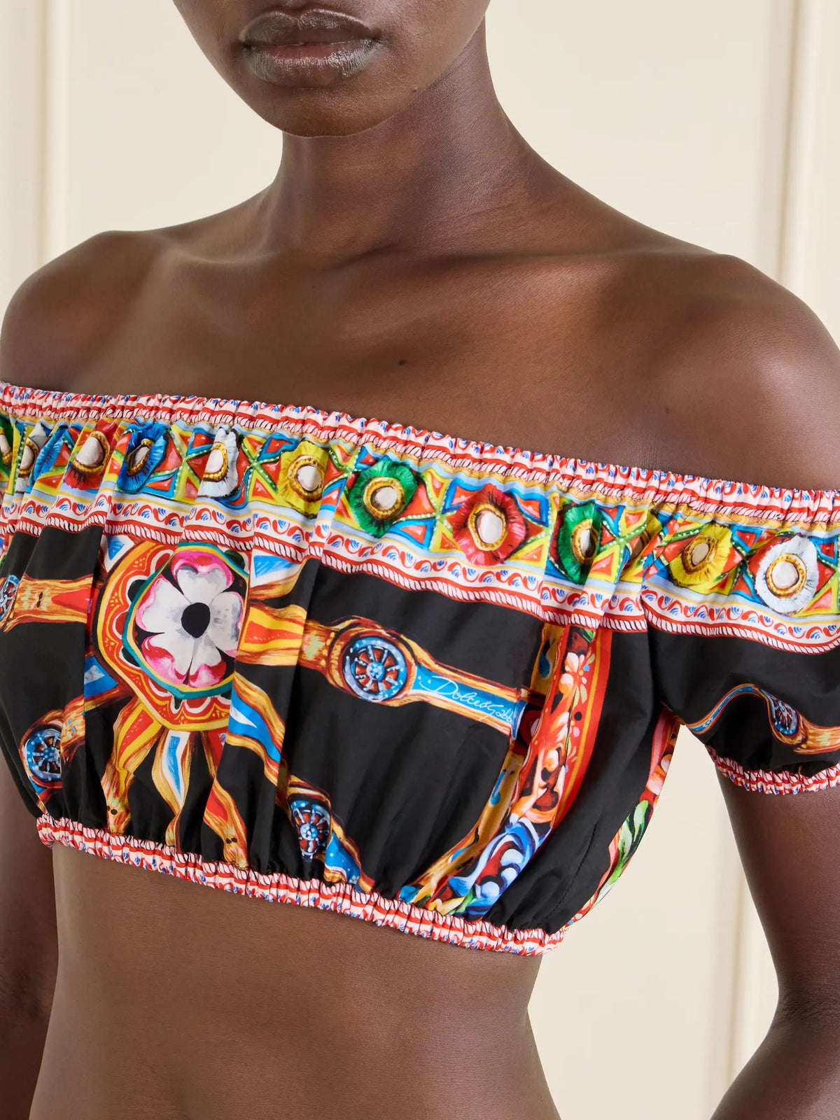 Dolce & Gabbana Carretto Off-the-shoulder Cropped Printed Cotton-poplin Top