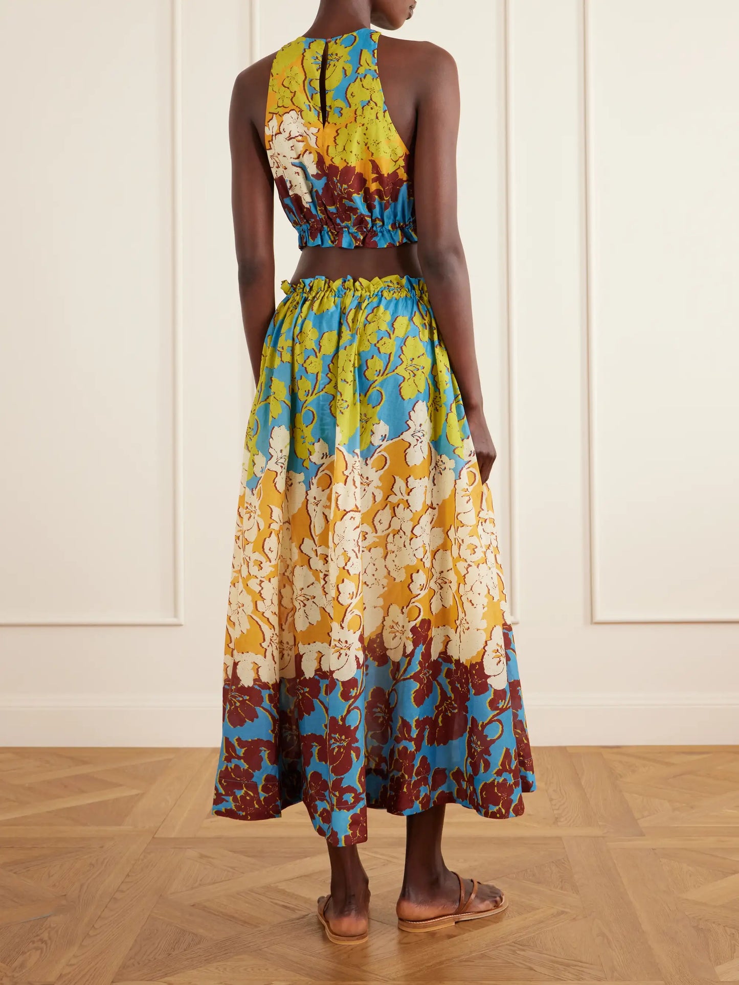 Splice Cropped Floral-print Cotton And Silk-blend Top