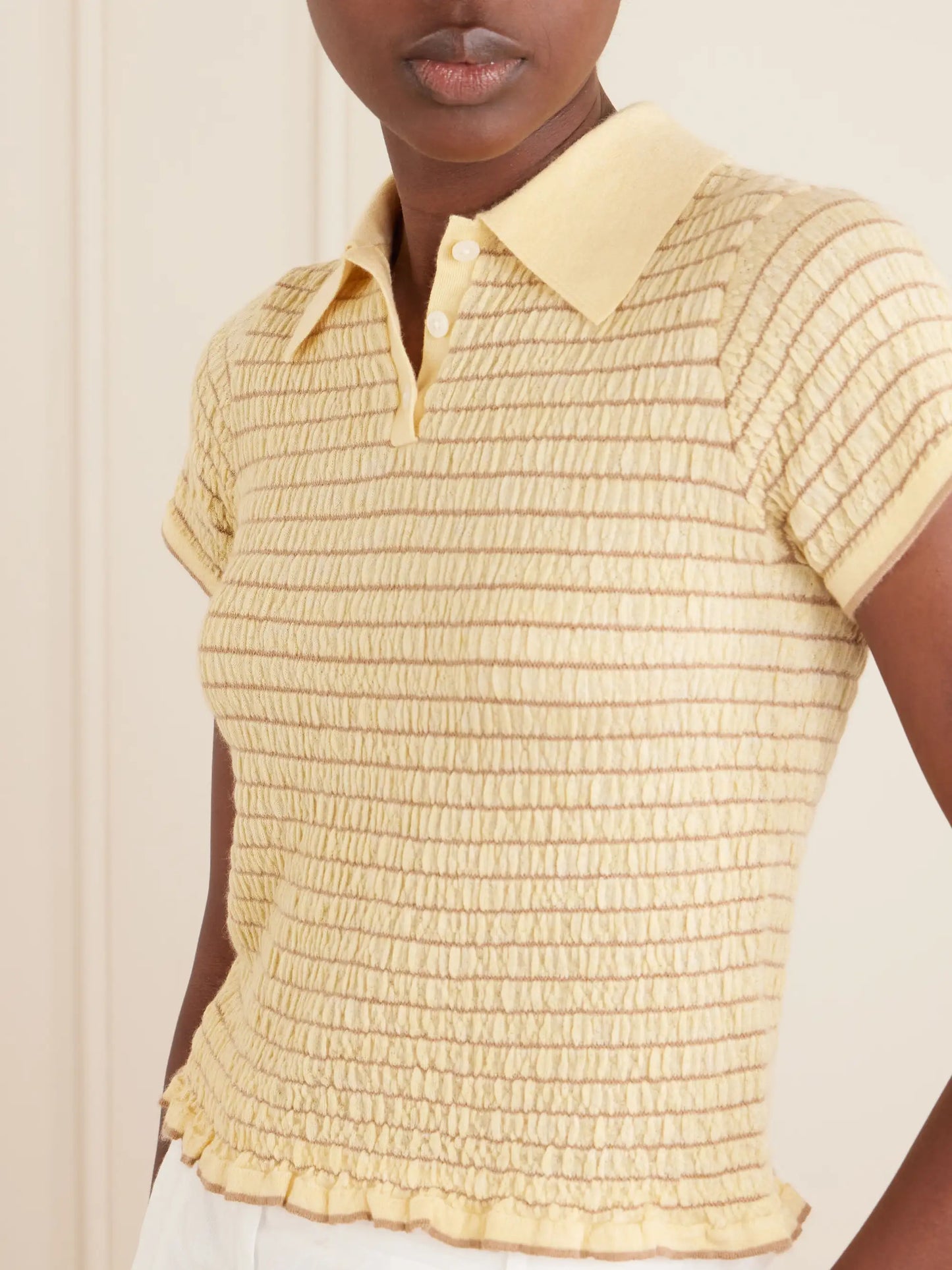 Smocked Ruffled Striped Cashmere-blend Polo Sweater