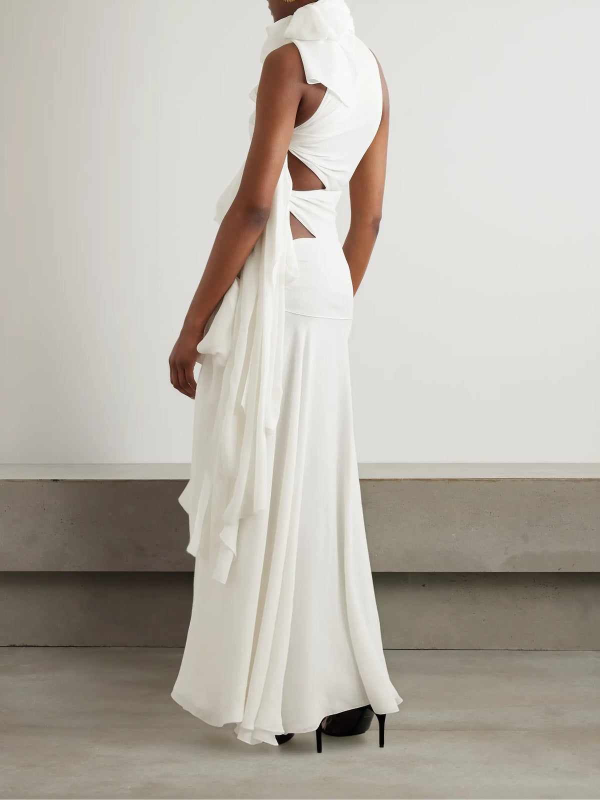 Asymmetric Tie-detailed Cutout Crepe De Chine Gown