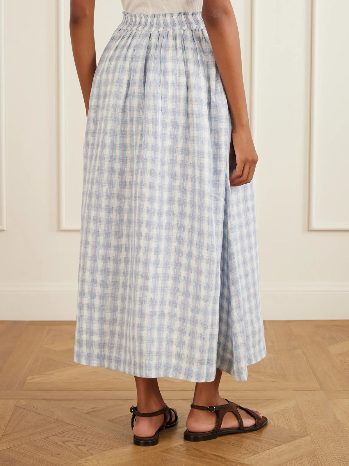 Pleated Checked Linen Midi Skirt