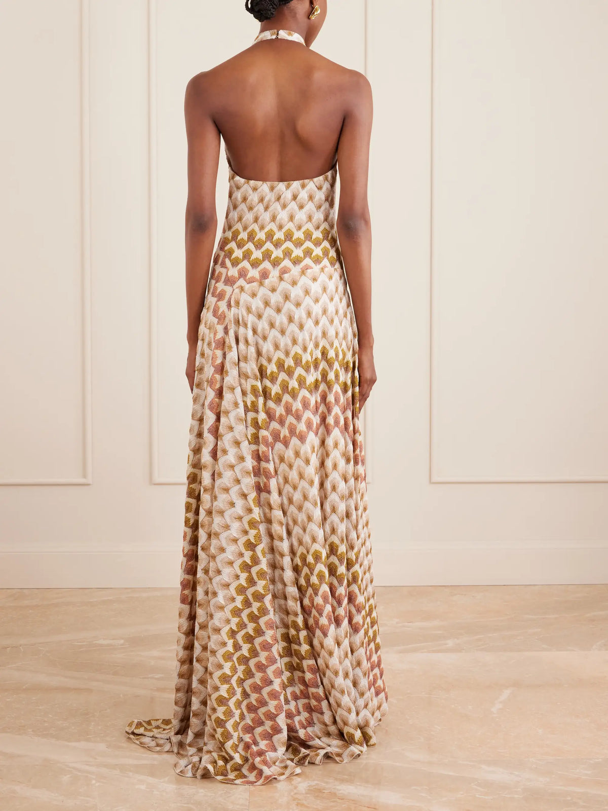 Striped Metallic Crochet-knit Halterneck Maxi Dress