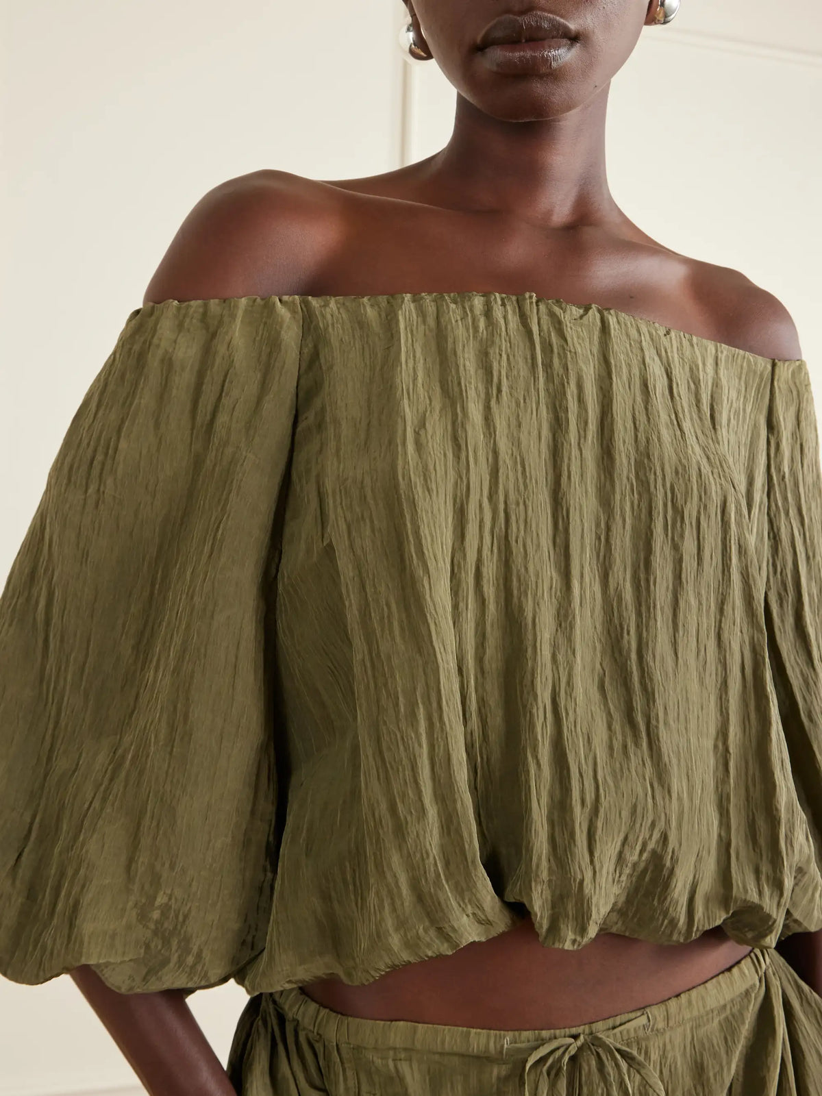 SIMKHAI Anni Cropped Gathered Crepon Blouse