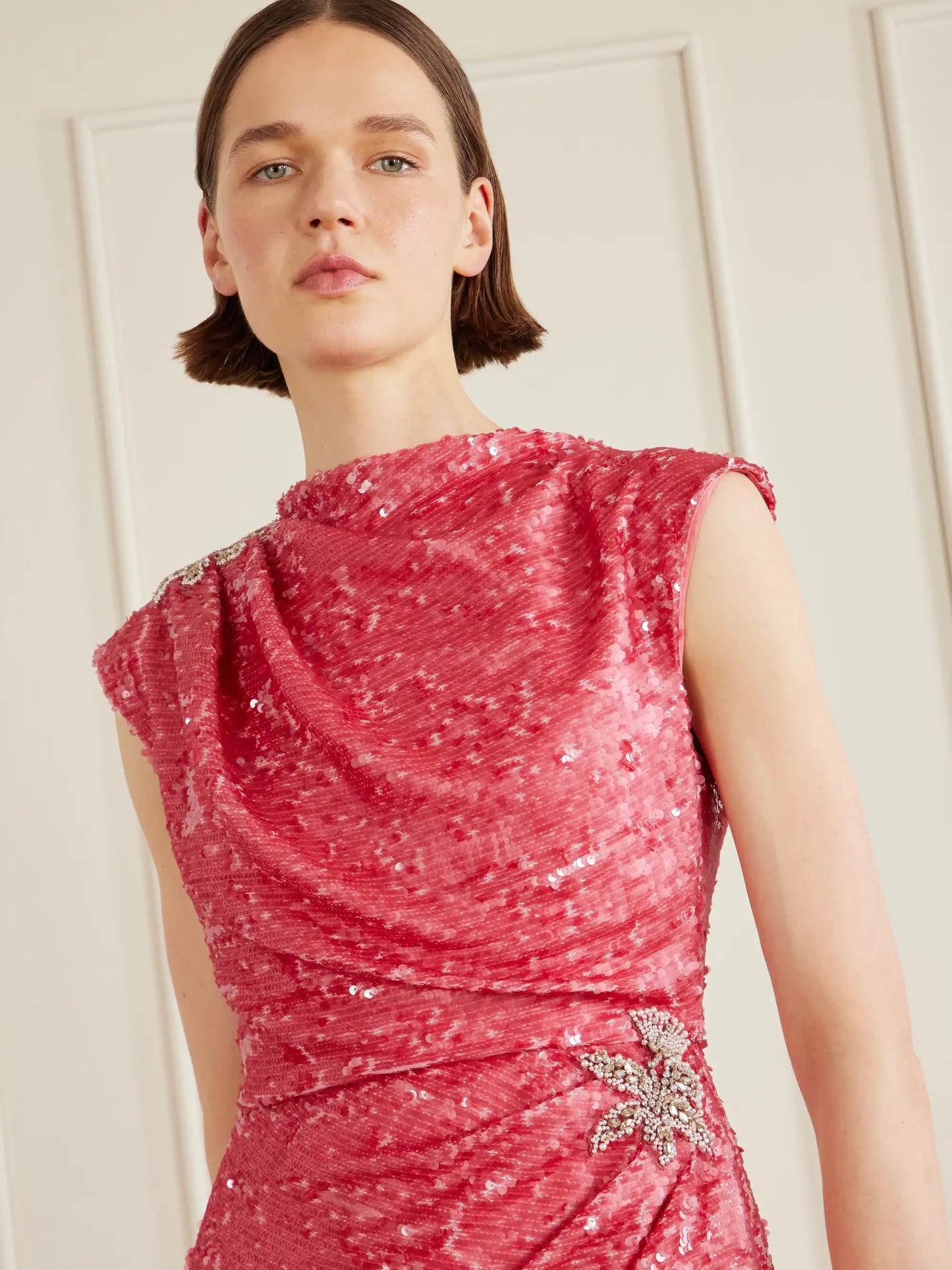 Draped Sequined Chiffon Gown