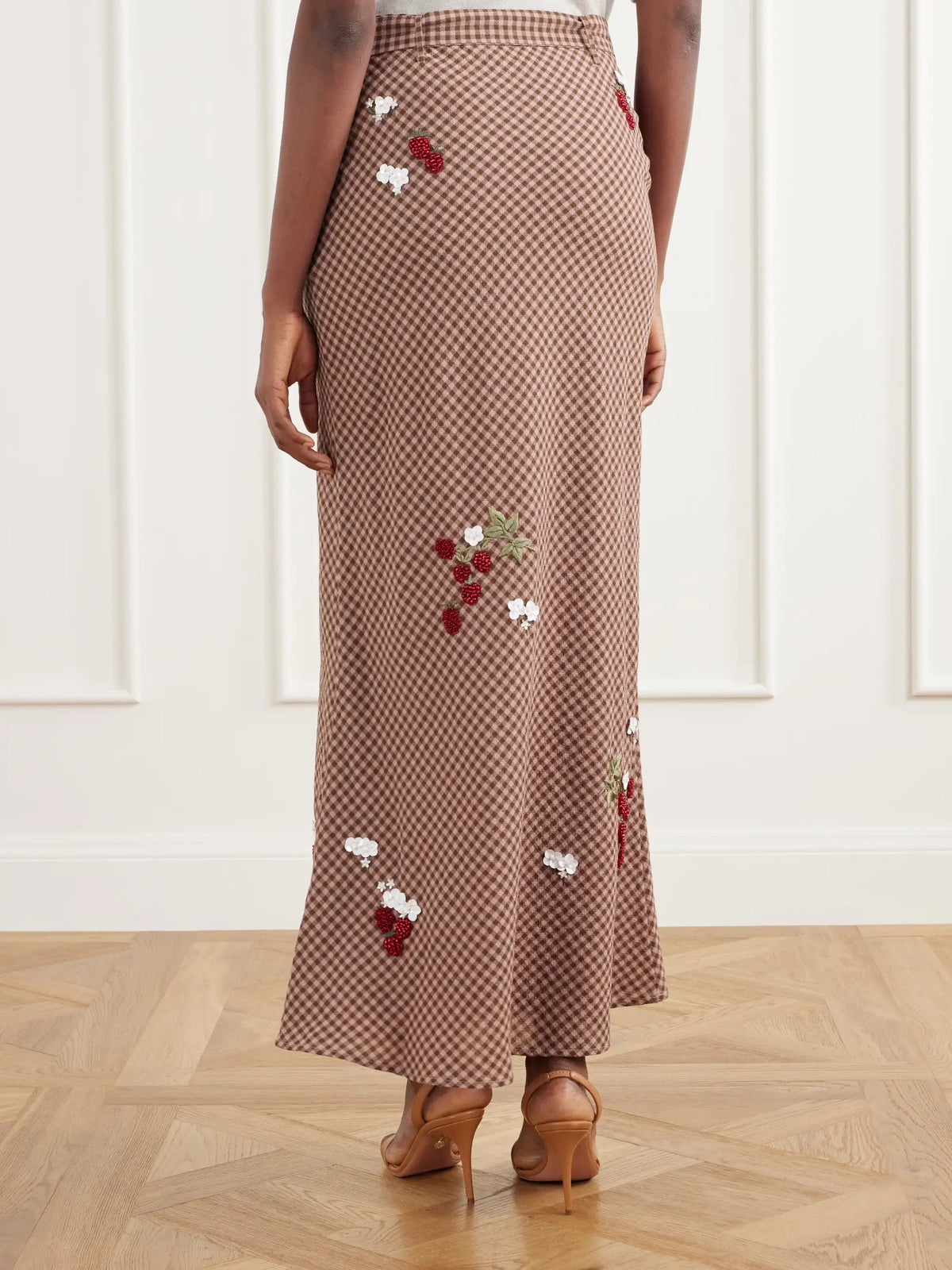 BERNADETTE Chuck Belted Bead-embellished Checked Wool Maxi Skirt
