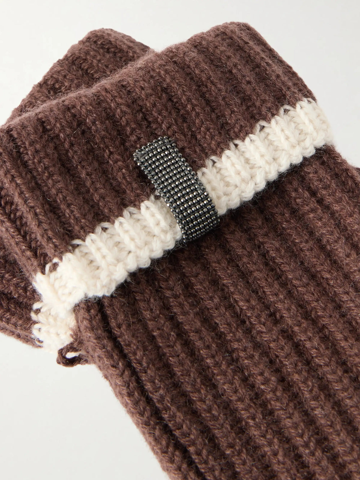 Bead-embellished Striped Ribbed Cashmere Mittens