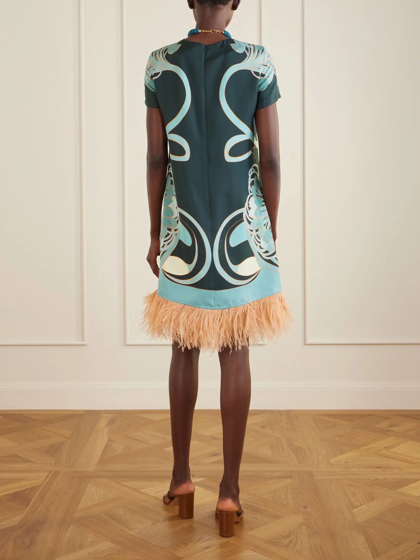 Swing Printed Feather-trimmed Silk-twill Mini Dress