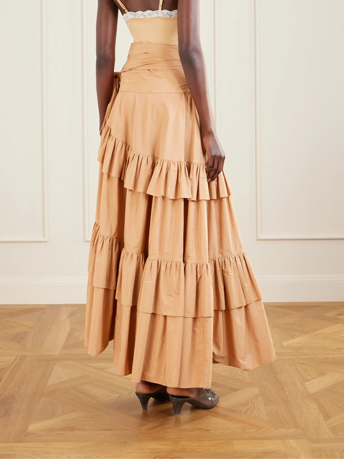Bow-detailed Ruffled Organic Cotton-poplin Midi Skirt