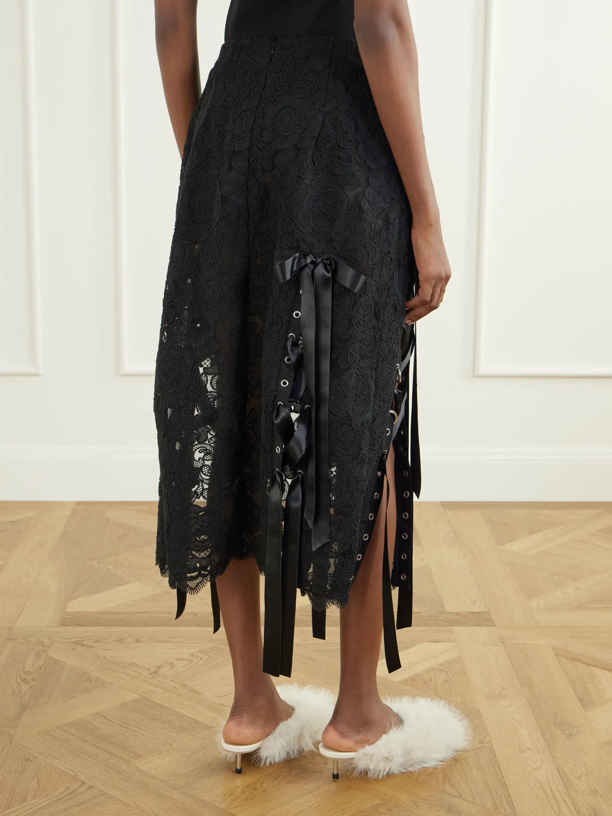 Simone Rocha Unraveling Ribbon Ring Asymmetric Embellished Lace And Satin Midi Skirt