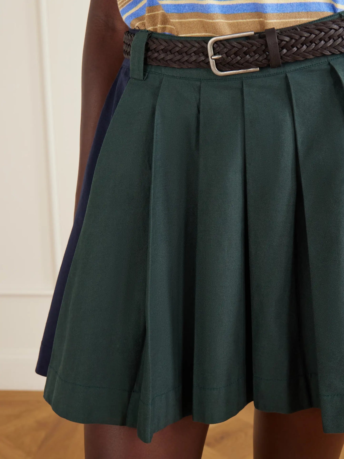 Odessa Belted Pleated Leather-trimmed Cotton-poplin Mini Skirt
