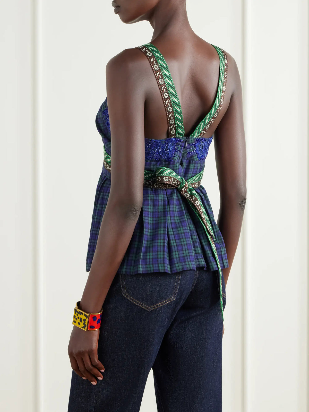 Dries Van Noten Embellished Wrap Checked Cotton Top