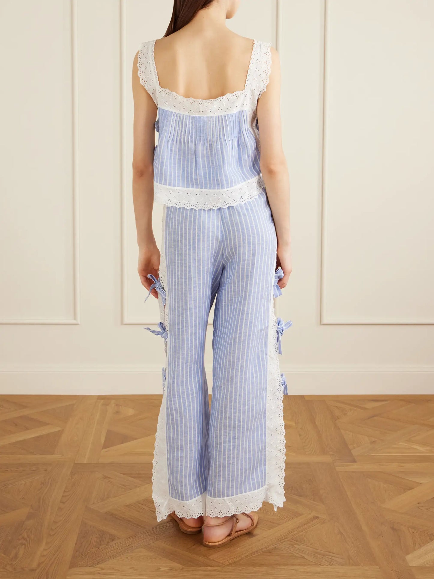Fiocchini Pleated Striped Broderie Anglaise-trimmed Linen Top