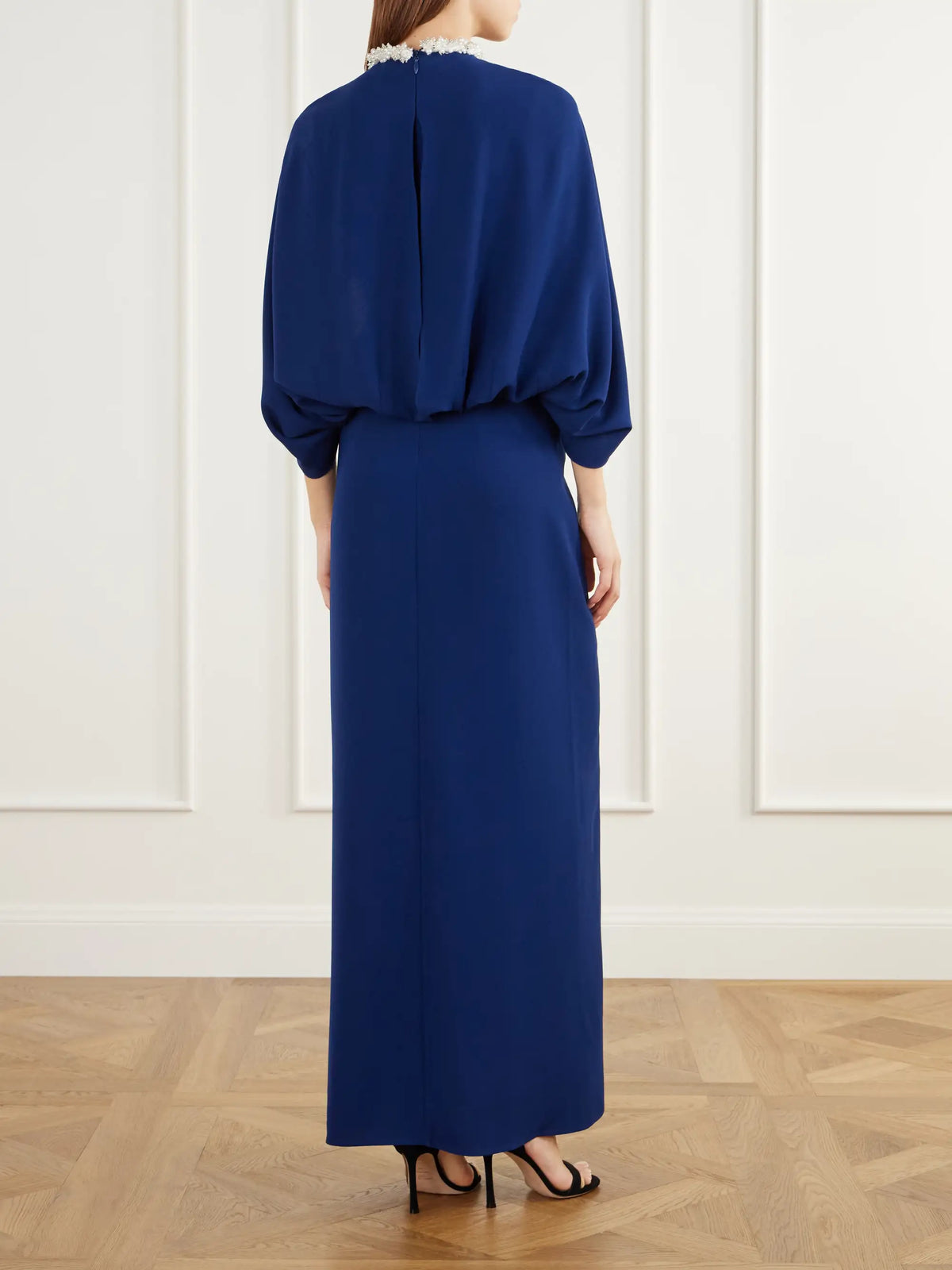 SIMKHAI Annette Cape-effect Bead-embellished Gathered Velvet-trimmed Crepe Gown