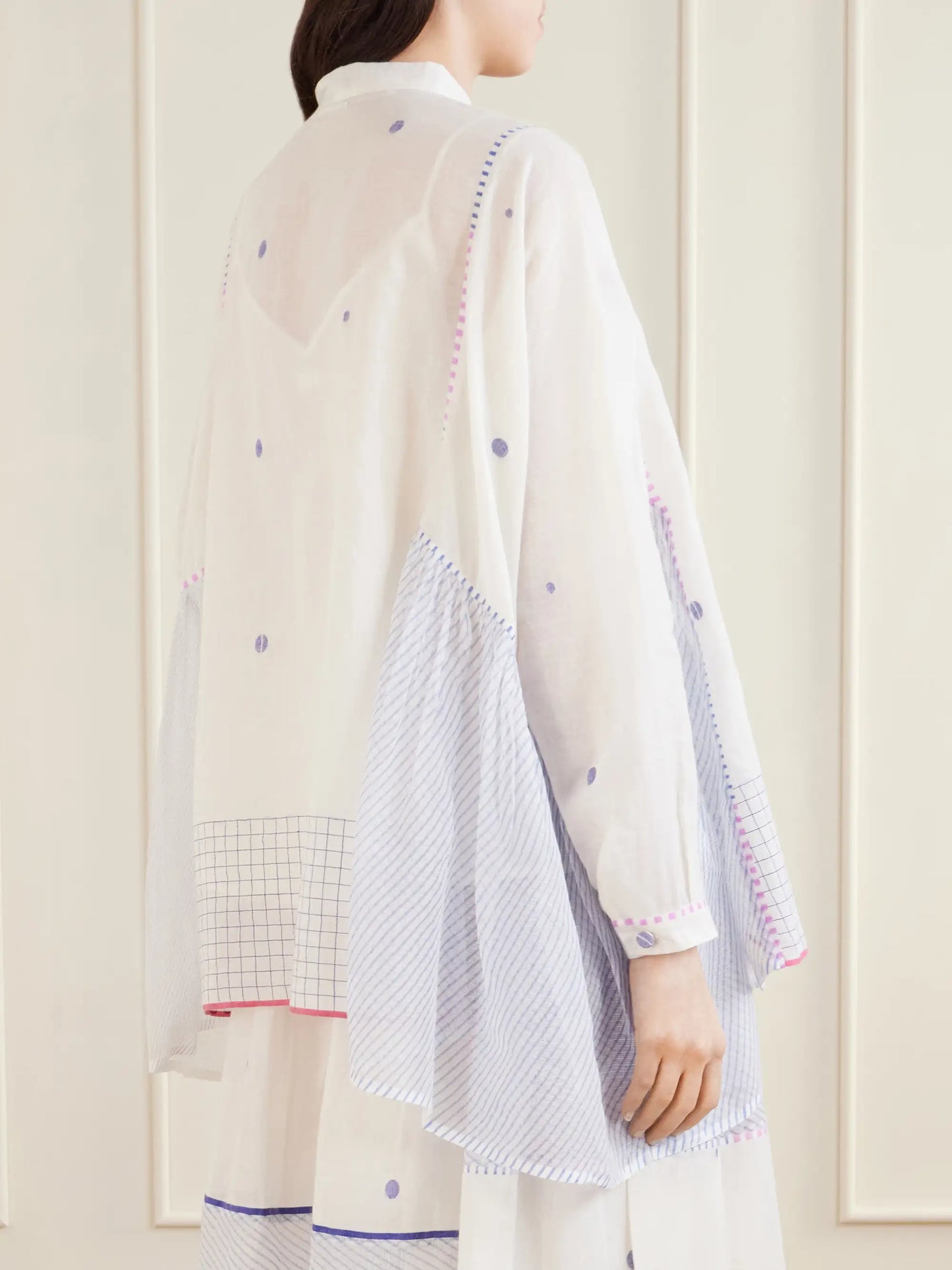 Cosmos Handwoven Cotton-jamdani Blouse Patched With Printed Stripes