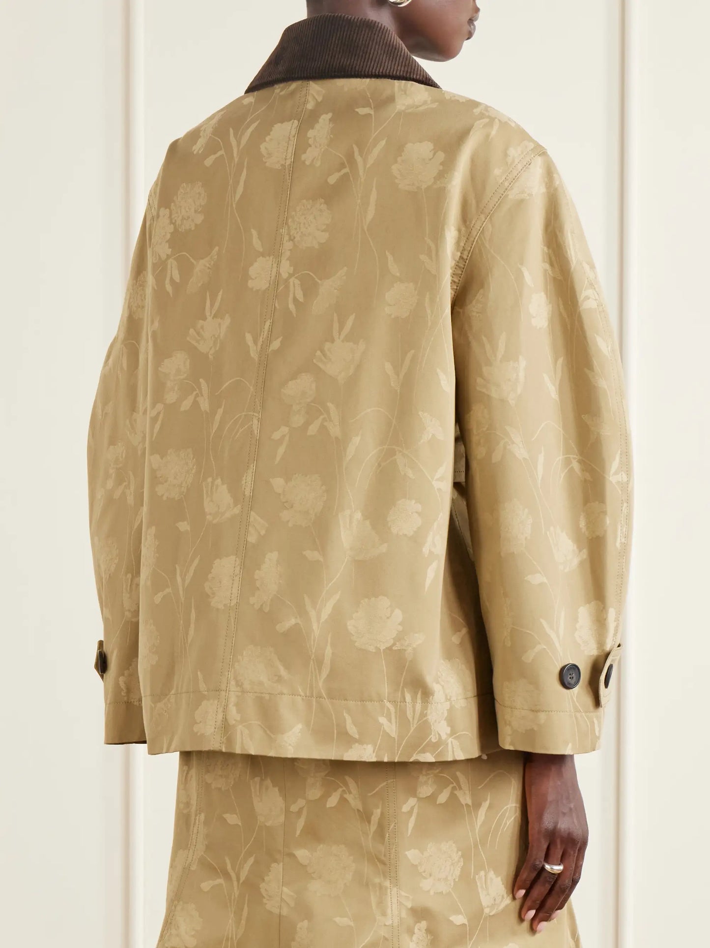 Belted Corduroy-trimmed Floral-jacquard Cotton Jacket