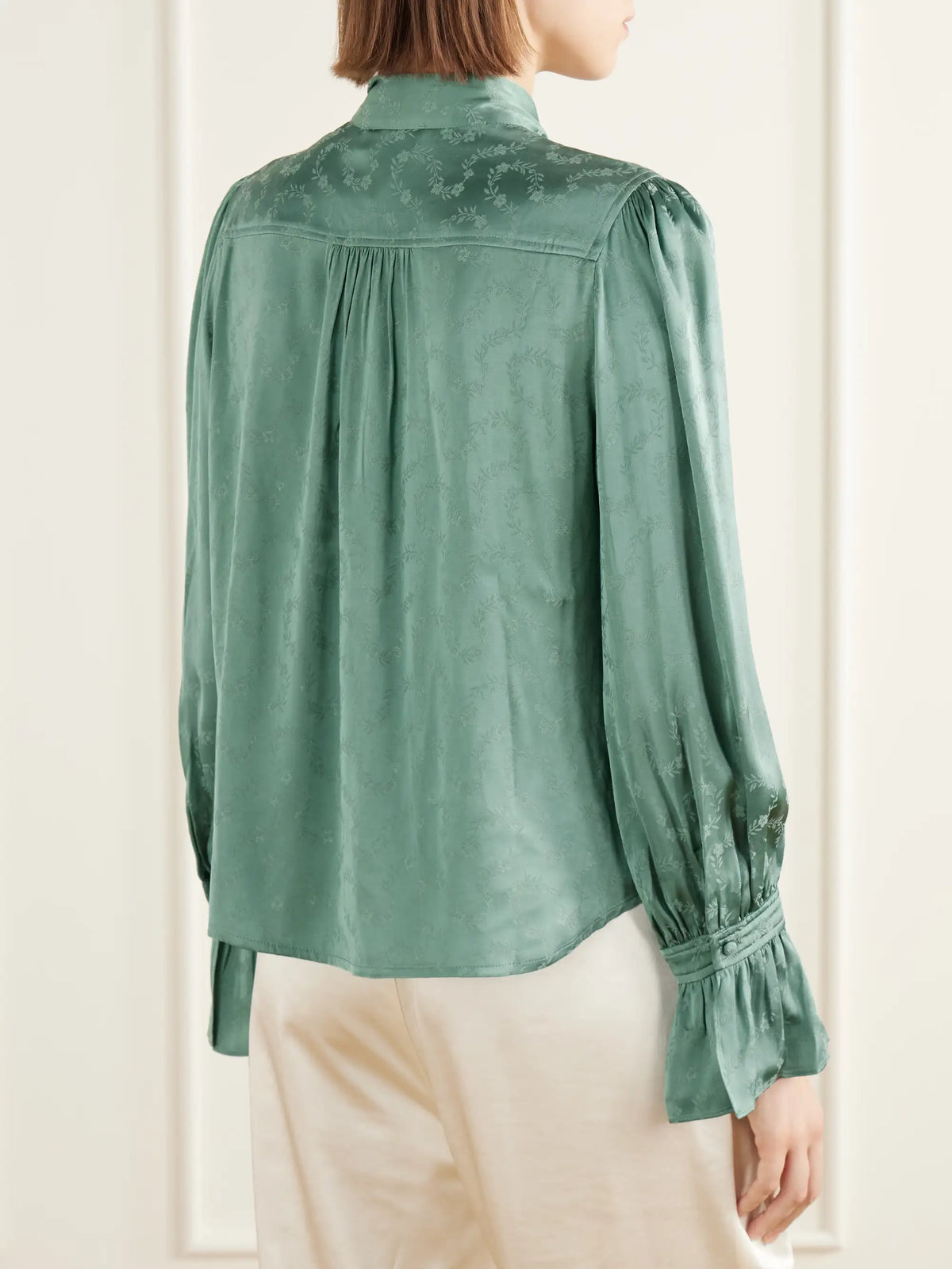 RIXO Evanora Pussy-bow Gathered Floral-jacquard Satin Blouse