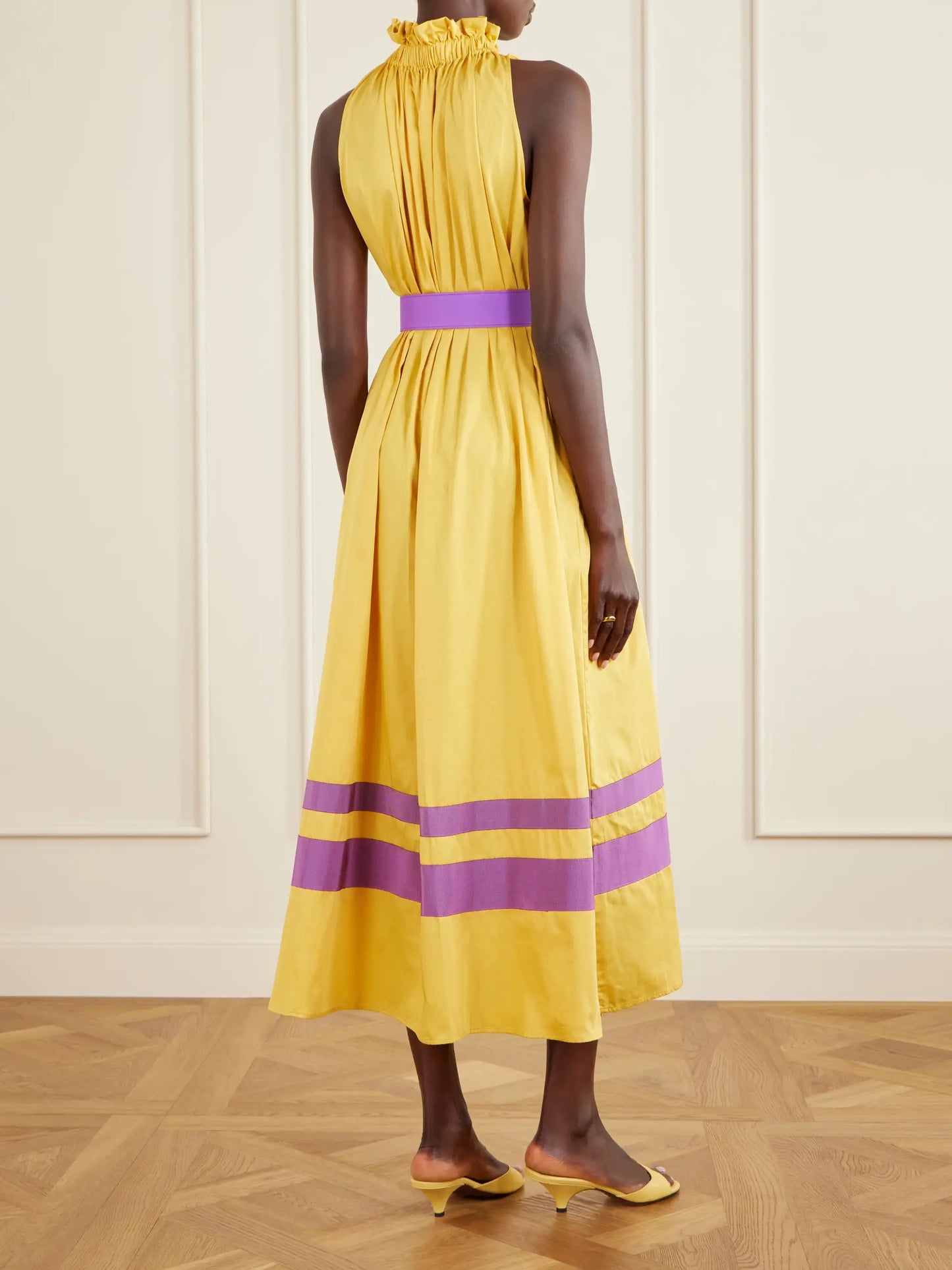Camogli Belted Ruched Grosgrain-trimmed Cotton-poplin Halterneck Midi Dress